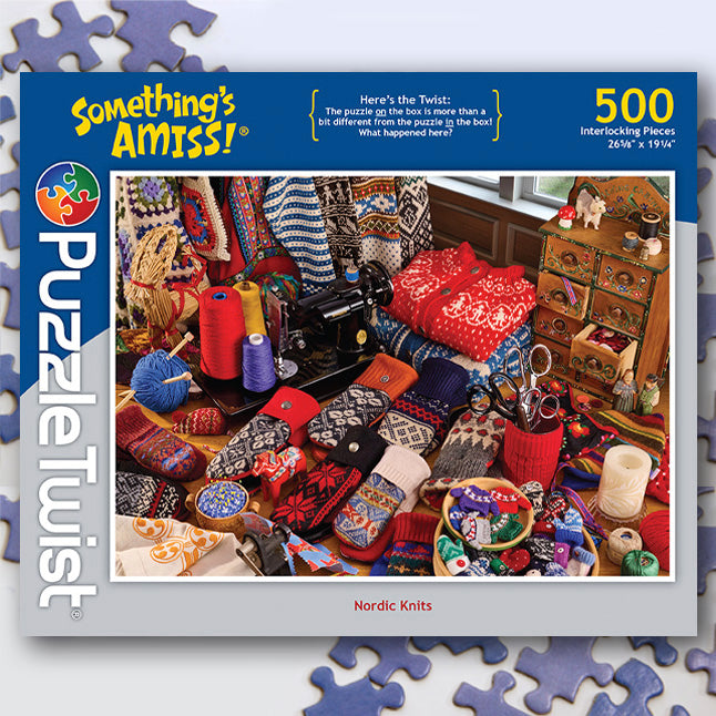 The PuzzleTwist: Nordic Knits by Julie Steller is a 500-piece puzzle box featuring a sewing theme with threads, knit garments, and knitting supplies, beautifully capturing the essence of handcrafted goods.