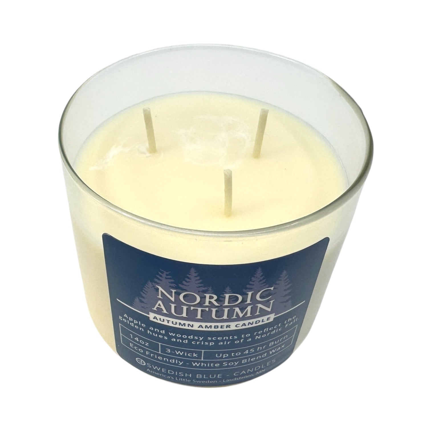 The Nordic Autumn – Autumn Amber Candle (3 Wick, 14 oz) features a white wax in clear glass with a blue label and an amber scent accented by apple and woody notes—perfect for creating cozy, inviting fall evenings.