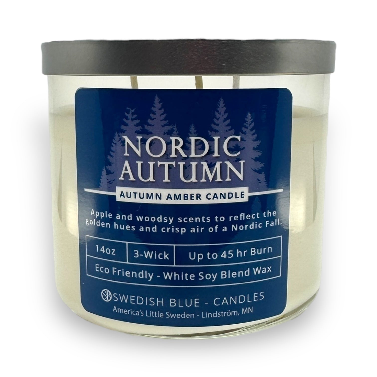 The Candle: Nordic Autumn – Autumn Amber Candle is a 14oz, 3-wick candle in a clear glass jar with a blue label. Enjoy apple and woodsy scents and up to 45 hours of cozy burn time.