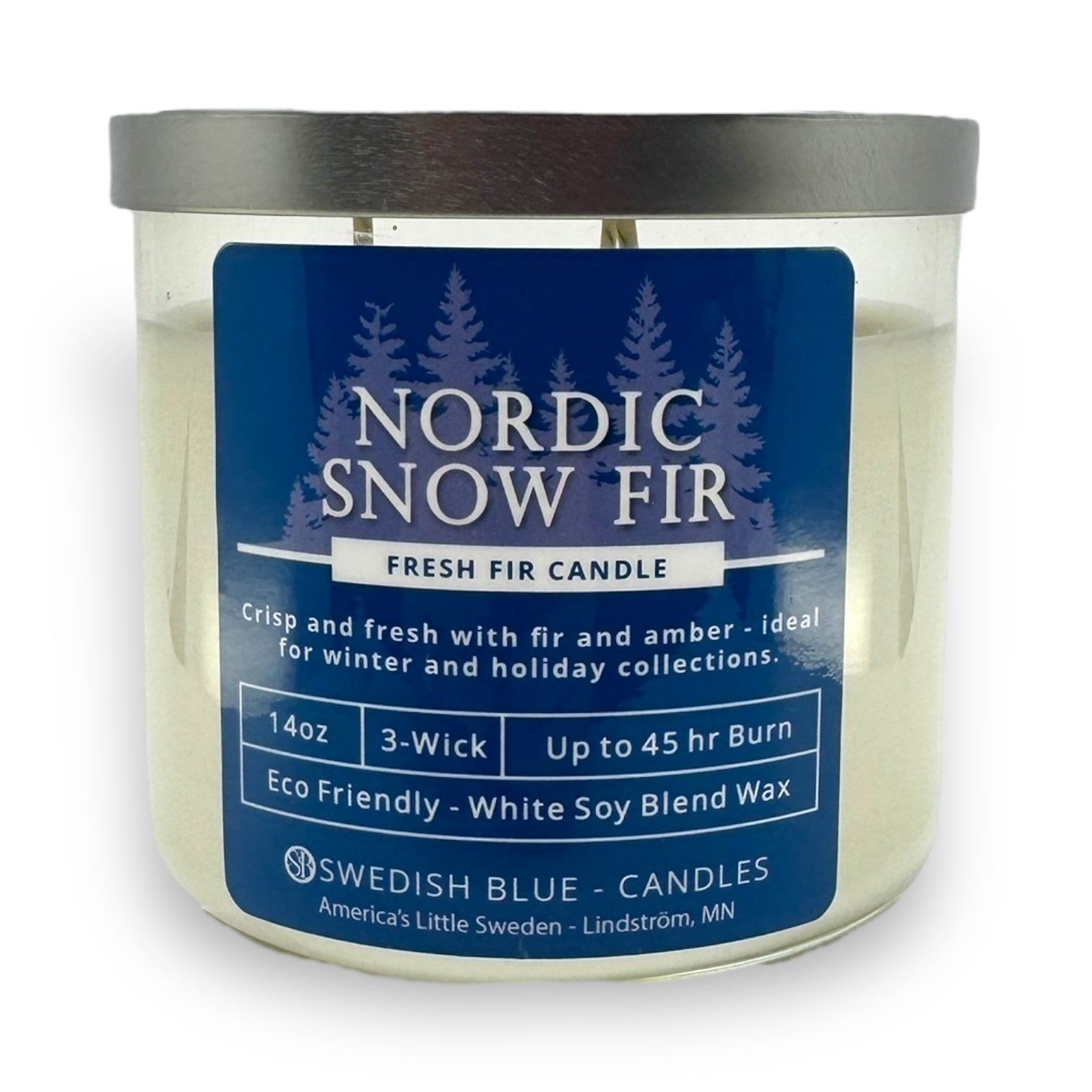 The Candle: Nordic Snow Fir – Fresh Fir Candle, 3 Wick, 14 oz, features a blue label with evergreen fir scent and amber notes, eco-friendly soy blend wax, and offers up to 45-hour burn time.