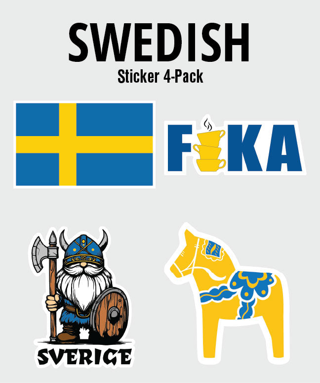 The Nordic Theme Sticker Bundles – 4-Pack of Scandinavian Fun! features four Swedish-themed designs: the flag, FIKA with coffee cups, a cartoon Viking, and a yellow Dala horse—great for any Scandinavian sticker pack.