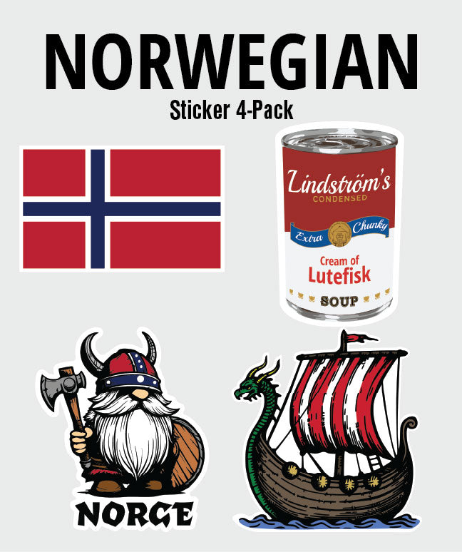 Explore our Nordic Theme Sticker Bundles—4-pack Scandinavian fun with six themes! Includes Norway’s flag, lutefisk soup can, "Norge" Viking, and Viking ship. Perfect for Swedish gift shops or fans of Viking stickers!.