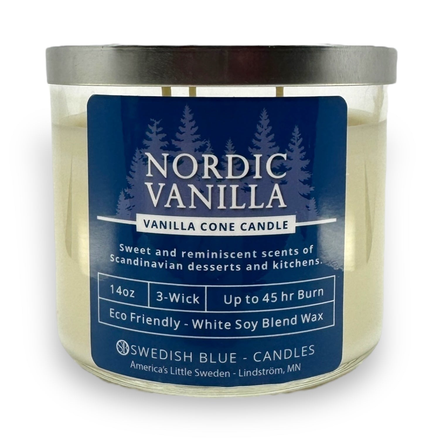 The Candle: Nordic Vanilla – Vanilla Conde Candle is a 14oz, 3-wick vanilla-scented candle in a glass jar with a blue label detailing its scent, burn time, eco-friendly wax, and brand—ideal for cozy spaces.