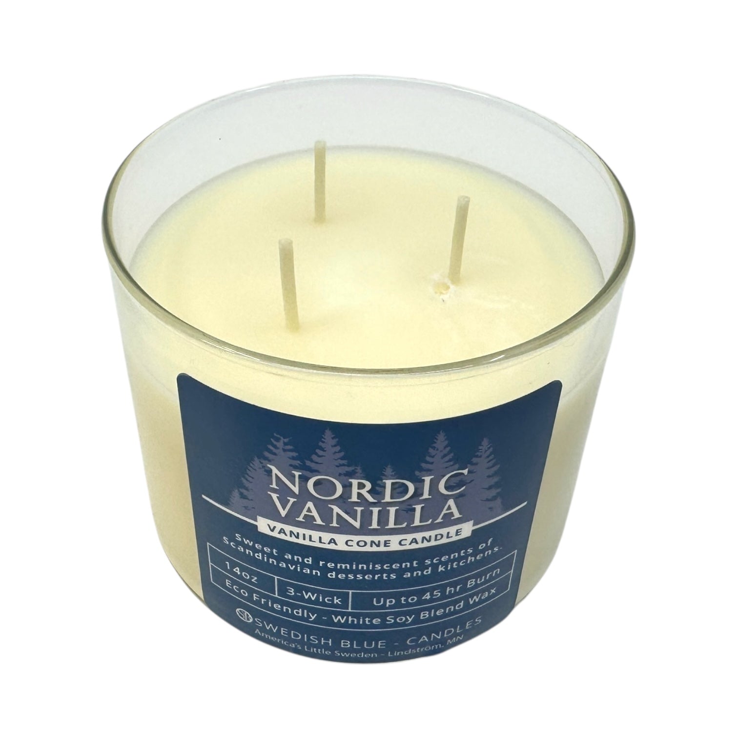 The Candle: Nordic Vanilla – Vanilla Conde Candle is a 14 oz, three-wick soy blend candle in a glass jar with a blue label, offering a cozy Nordic winter vanilla scent—ideal for fans of comforting vanilla aromas.
