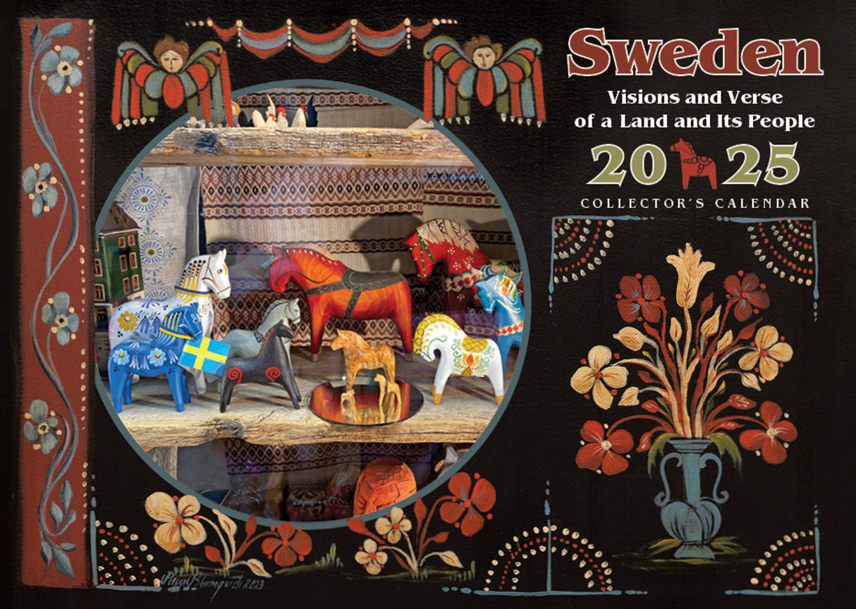 Introducing the Visions & Verse - Sweden Calendar 2025, featuring a stunning decorative cover with painted wooden horses and traditional Swedish designs, thoughtfully highlighting both Swedish and American holidays.