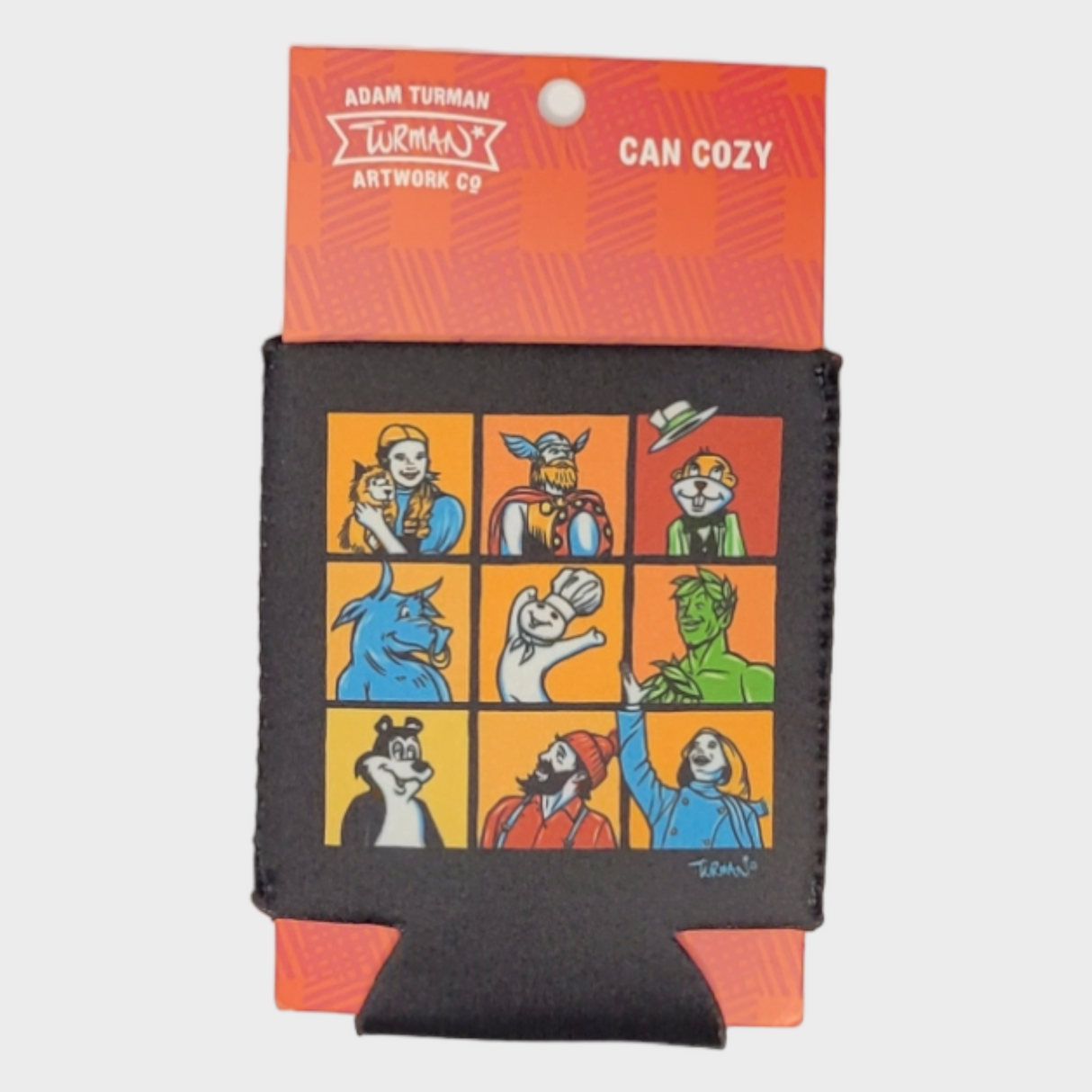 The Can Cozy: MN Bunch is a neoprene sleeve featuring nine cartoon characters, each in their own square on a vibrant grid backdrop. It's perfect for keeping your drink cold whether you're enjoying the chill of Minnesota or basking in the summer sun.