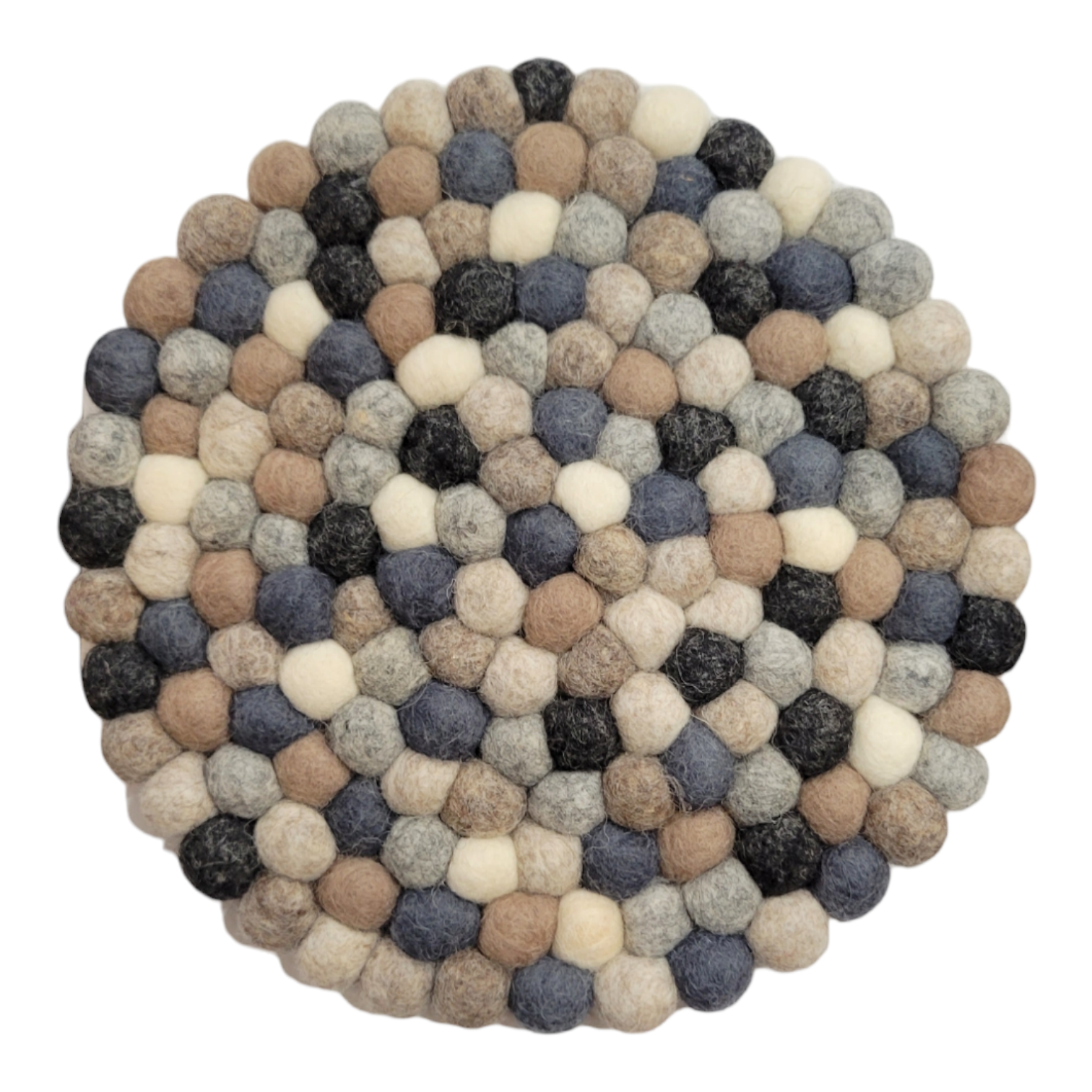 The Natural Wool Felted Pom-Pom Round Trivet is handcrafted with multicolored wool balls in concentric circles of beige, gray, blue, and black, adding charm and practicality to any kitchen.