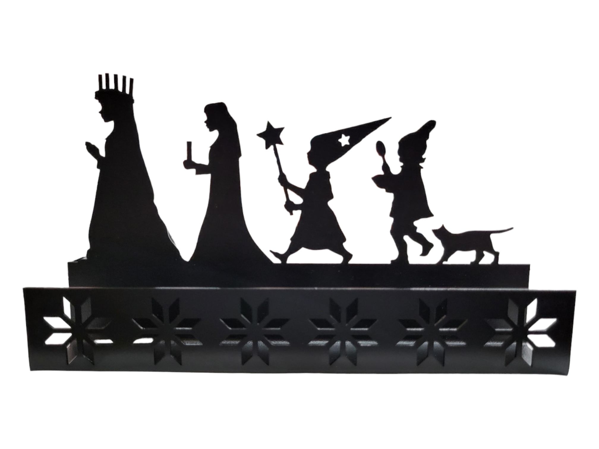 The Candle Holder: Santa "St" Lucia Metal Black Tea Light Candle Holder features a black metal silhouette of four people and a dog in a line on a base with cut-out snowflake patterns, inspired by minimalist Scandinavian design.