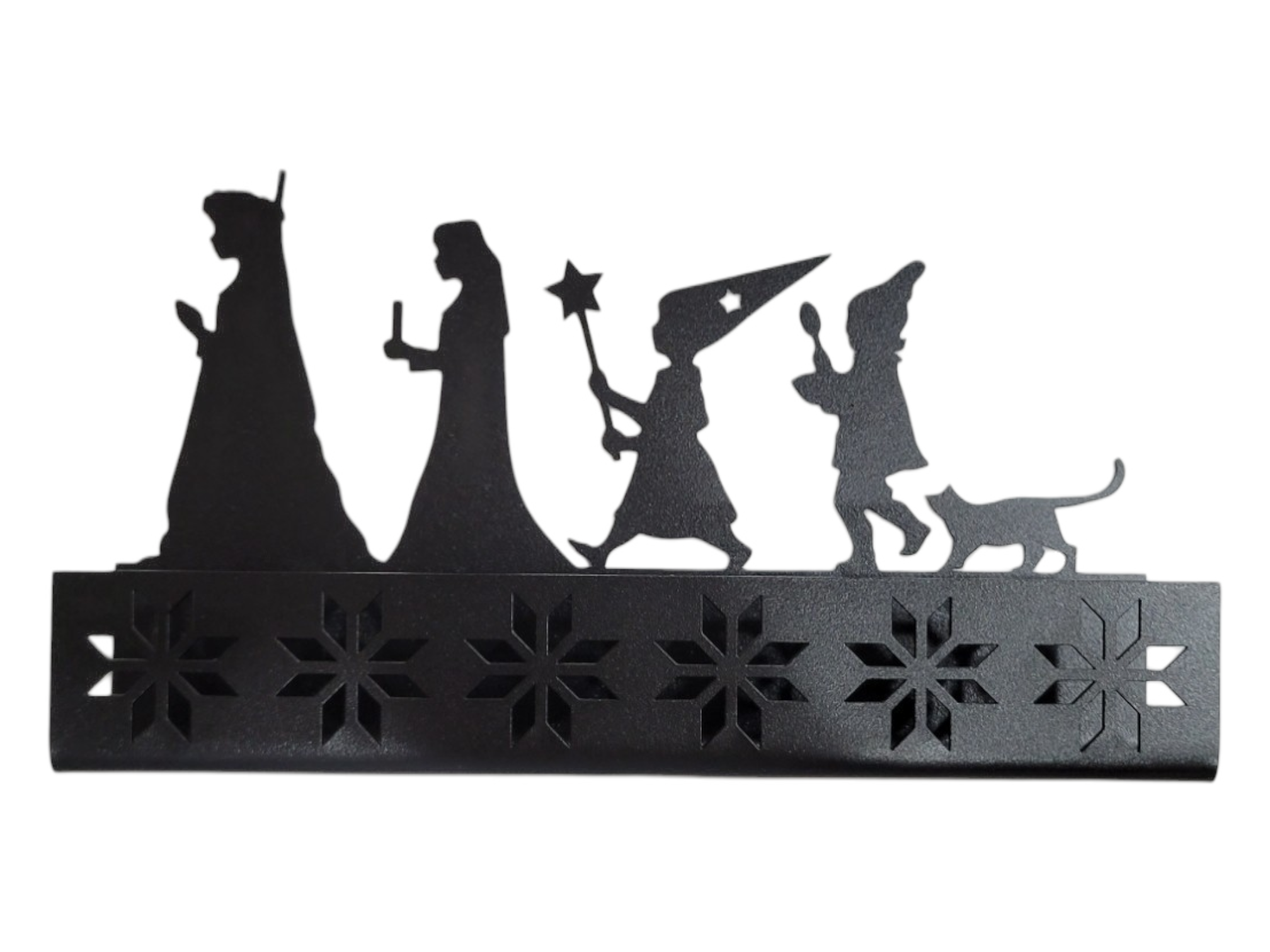 Black metal candle holder featuring four festive figures—one with a star, one with a candle, and a cat—on a base with snowflake cutouts. Candle Holder: Santa "St" Lucia Metal Black Tea Light Candle Holder in minimalist Scandinavian style.