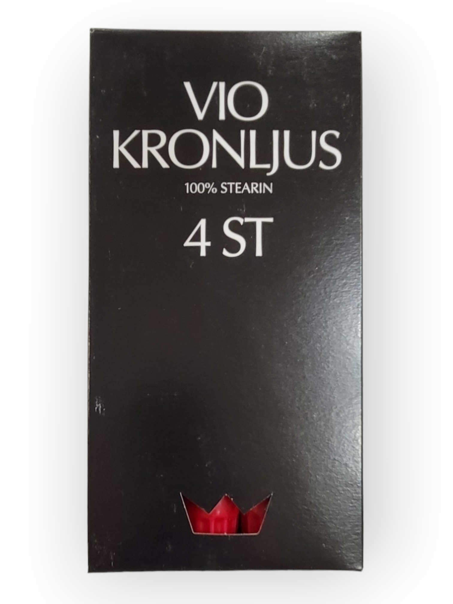 The black packaging of Vio Kronljus 4pc - 100% Stearin Candles features a red crown logo at the bottom, elegantly reflecting Scandinavian tradition and the timeless charm of Kronljus candles.