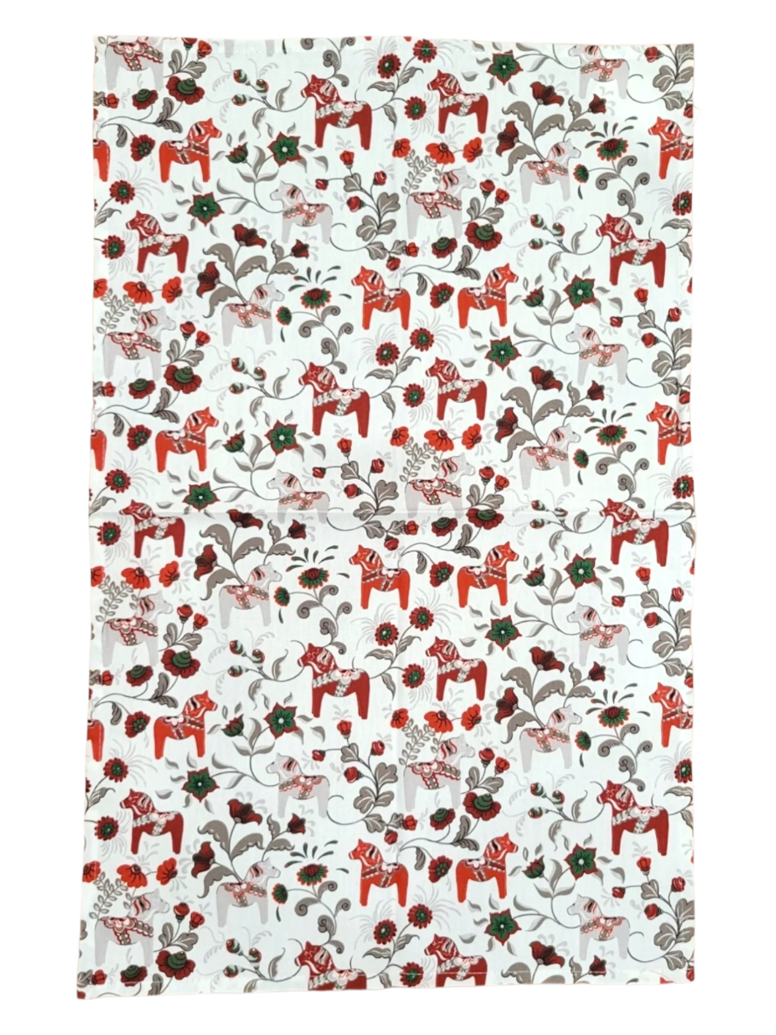 Tea Towel with a Leksand Mini pattern showcasing red and brown stylized Dala Horses, accented by green florals on a white backdrop.