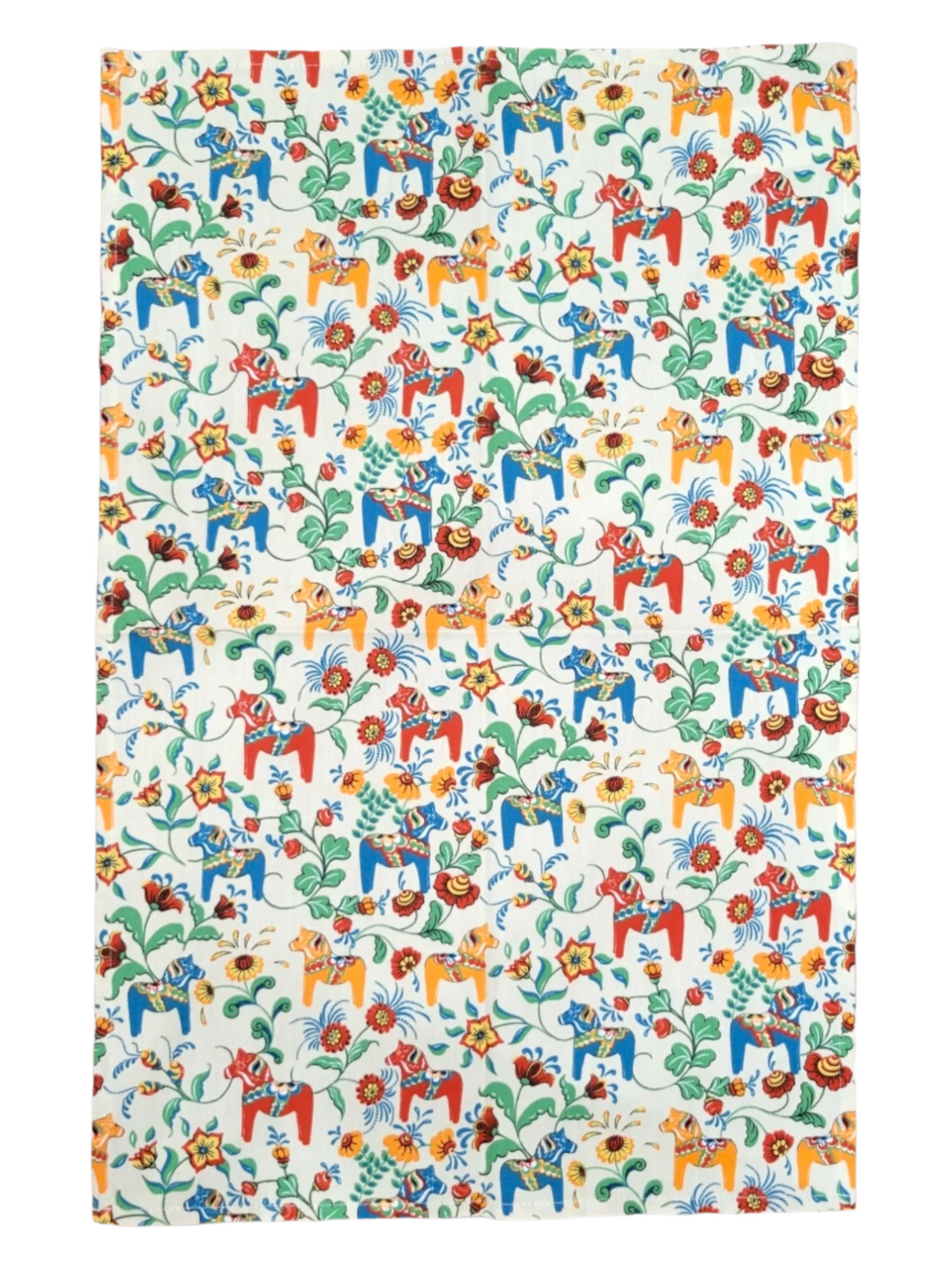 The tea towel features a lively Leksand Mini Swedish Dala Horse pattern with colorful illustrations in red, yellow, blue, and green on white, celebrating Swedish tradition. Available in 4 color options.