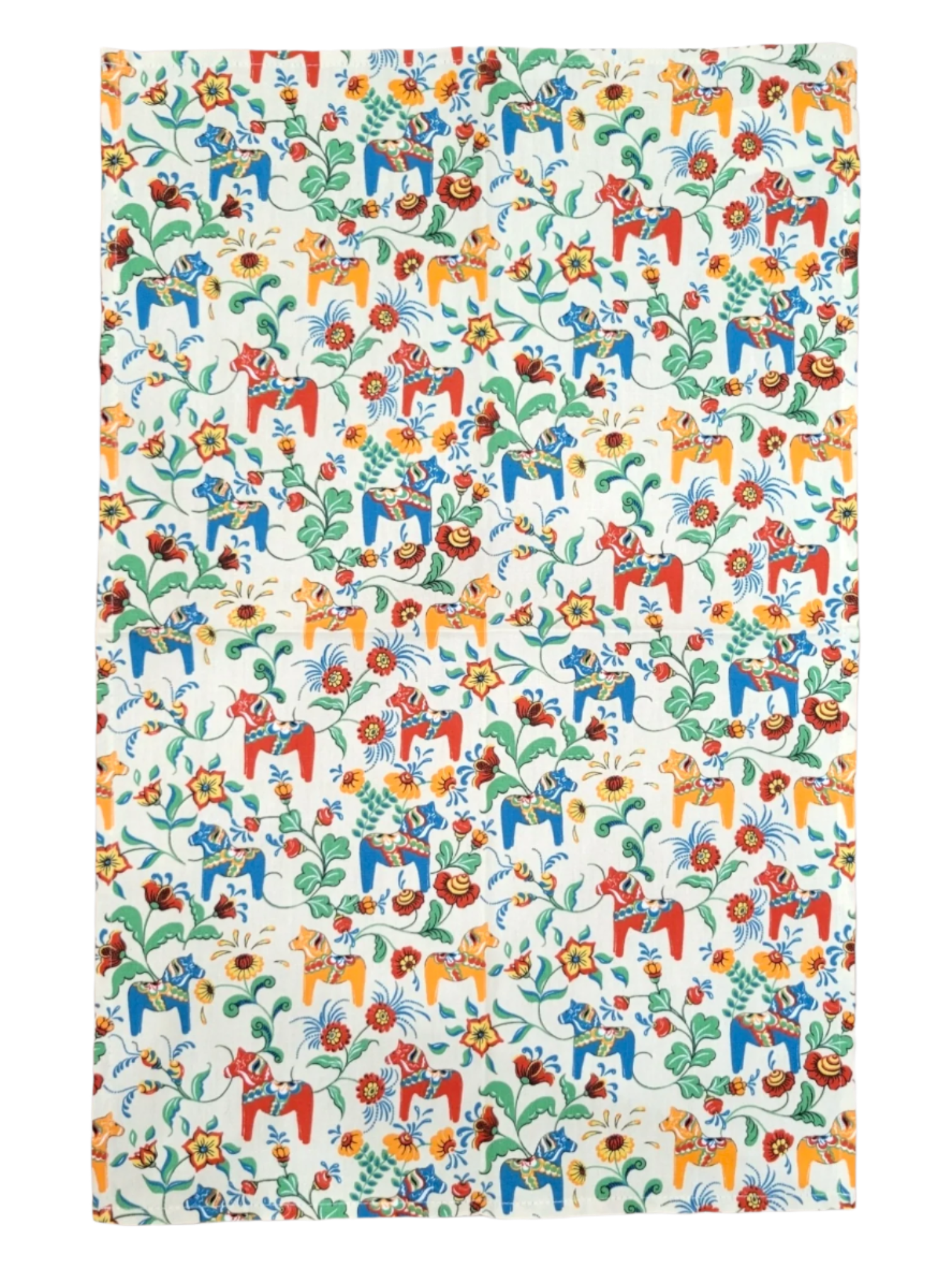 The tea towel features a lively Leksand Mini Swedish Dala Horse pattern with colorful illustrations in red, yellow, blue, and green on white, celebrating Swedish tradition. Available in 4 color options.