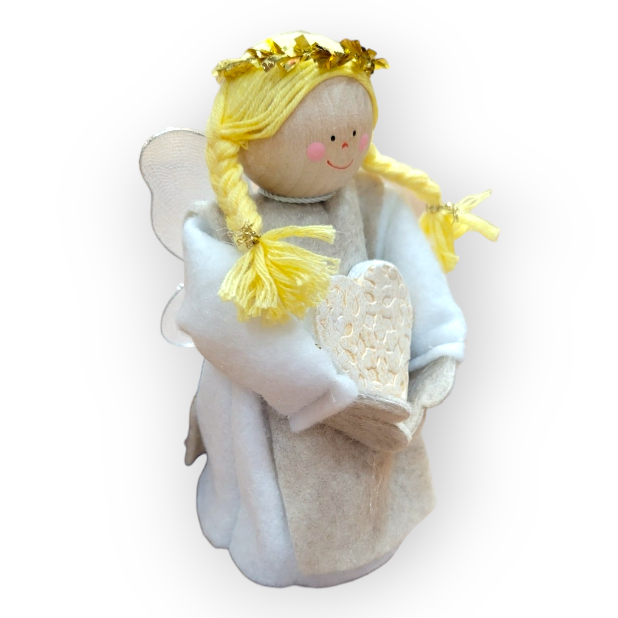 Introducing the "Figurine: Angel with Braids, a Crown, & Wings Holding a Heart"—a handcrafted piece featuring an angel with yellow braided hair, a golden crown, and a white gown gently embracing a textured heart. Made in Sweden, it's the perfect addition to your Christmas display.