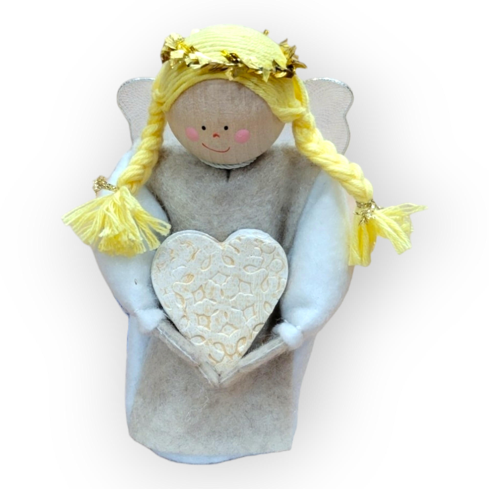 This figurine, named "Angel with Braids, a Crown, & Wings Holding a Heart," is handcrafted in Sweden and adorned with blonde braids, a golden star crown, and a textured heart—ideal for infusing charm into your Christmas decor.