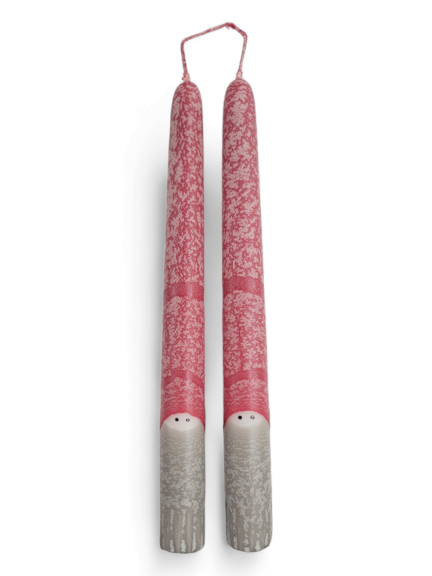 Set of 2 Tomte "Gnome" frosted taper candles, each 9" tall, in pink and gray with simple face designs and a single connecting wick—a charming nod to classic Swedish Christmas decor.