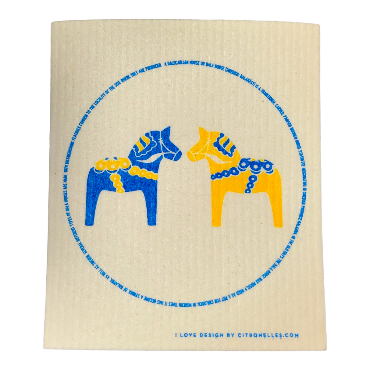 The Dish Cloth: Two Swedish Dala Horses in Flag Colors Blue & Yellow features blue and yellow stylized horses facing each other in a circle on a textured white background, reminiscent of artful and eco-friendly Swedish Dish Cloths that make everyday chores super absorbent.