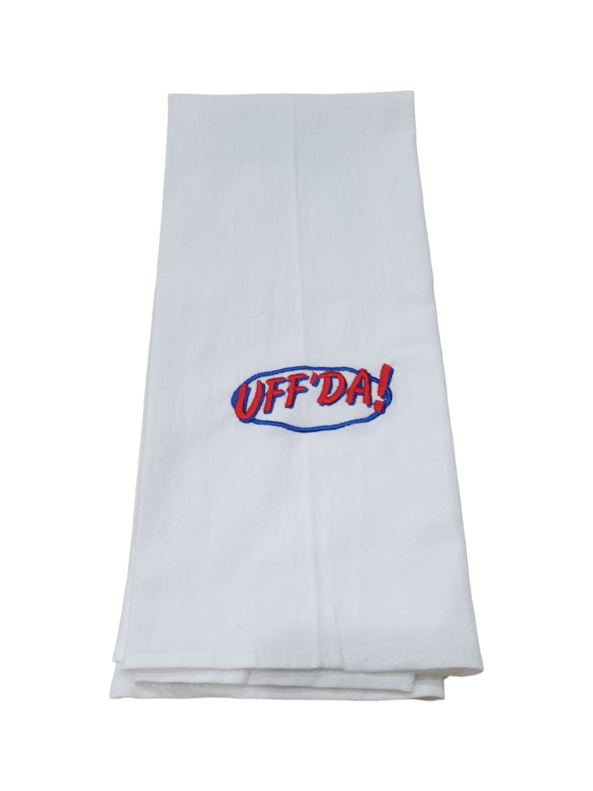 The Uffda Embroidered Tea Towel features UFFDA! stitched in vibrant red and blue on a cotton flour sack, making it perfect for versatile use.