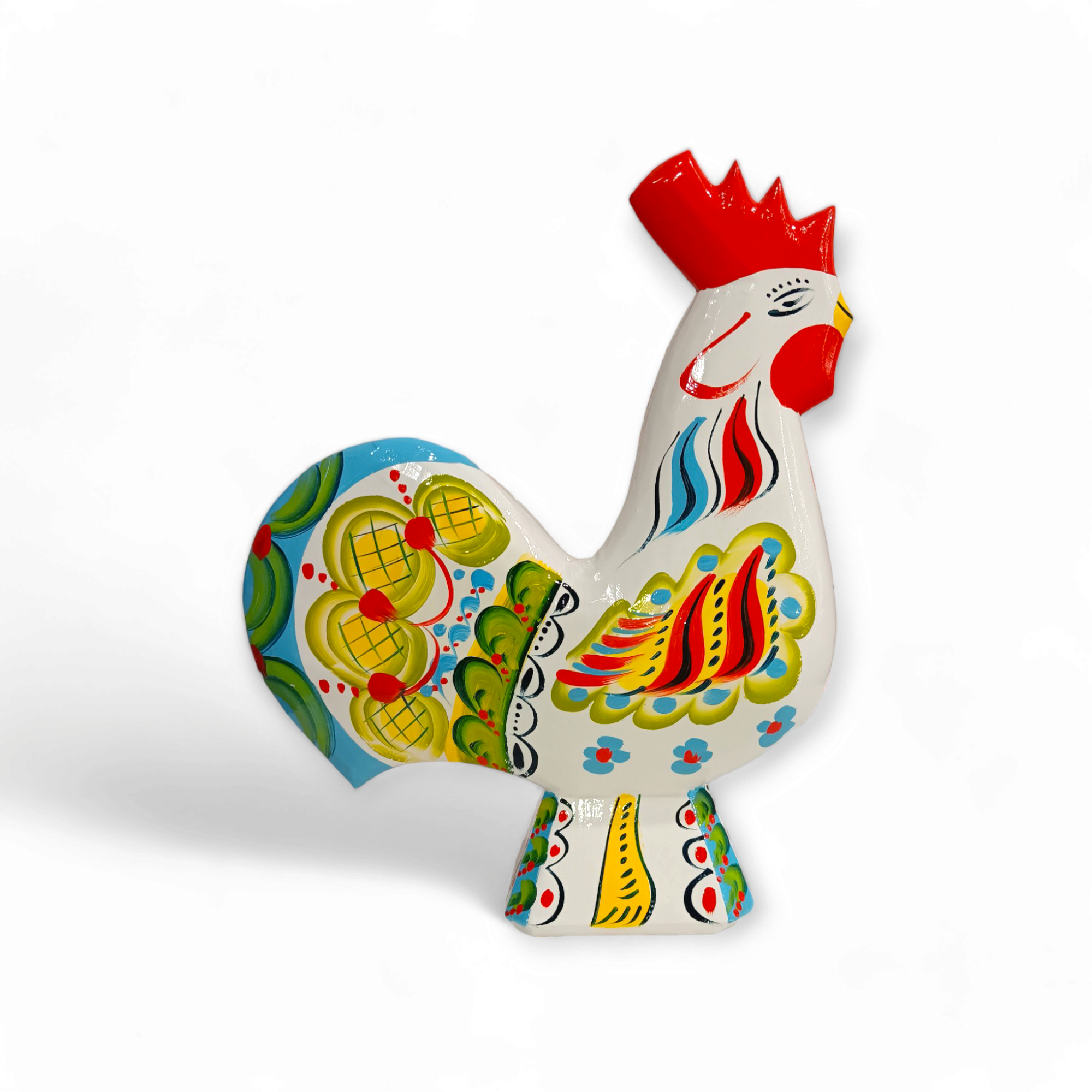 Introducing the Dala Rooster: White, a vibrant ceramic piece adorned with intricate patterns in bright reds, blues, and greens. Set against a plain white background, this exquisite rooster embodies the art of Swedish traditional handcraft through its expertly hand-carved and painted details.