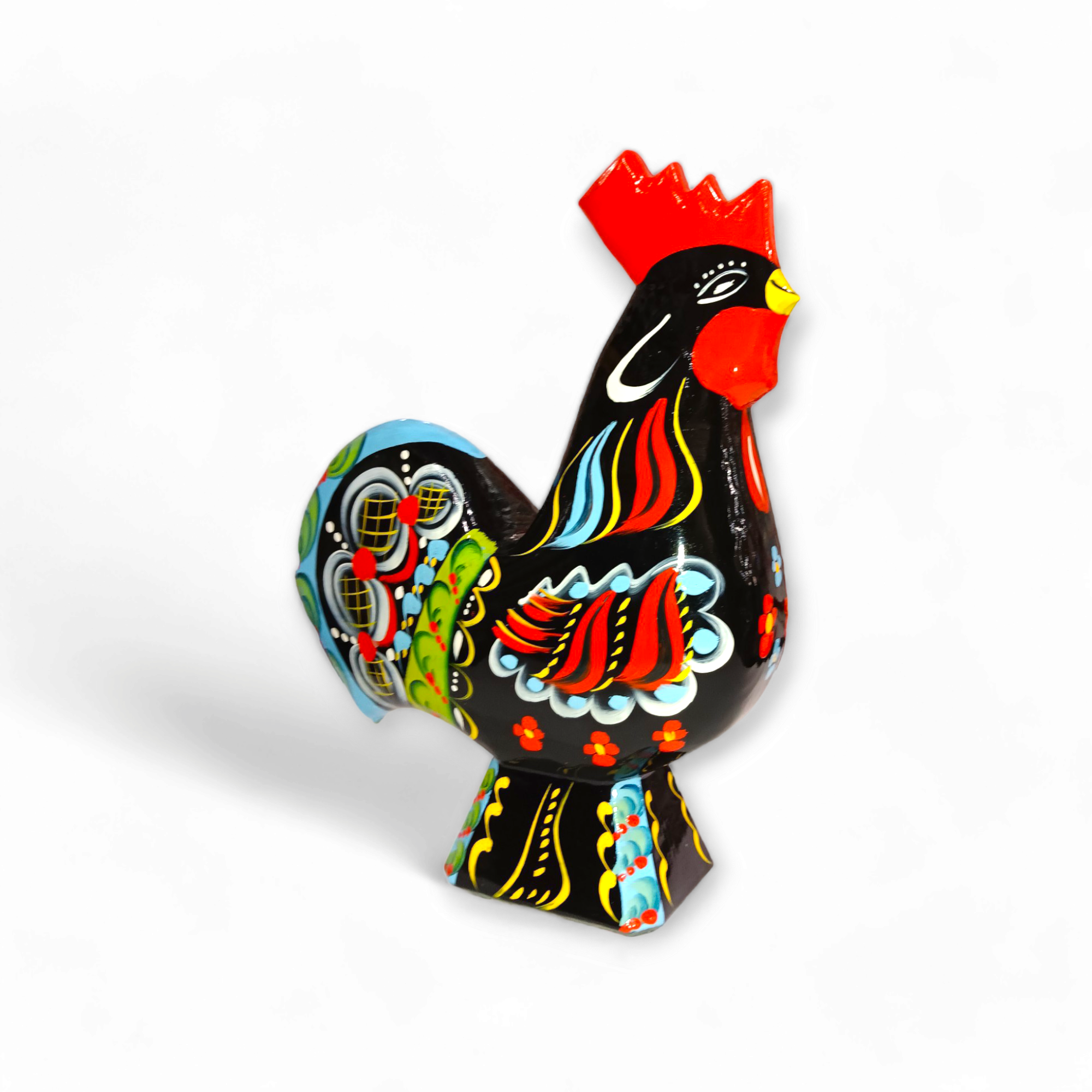 A vibrant Dala Rooster: Black, featuring detailed floral and swirl patterns on a white background, evoking the charm of Swedish traditional handcraft.