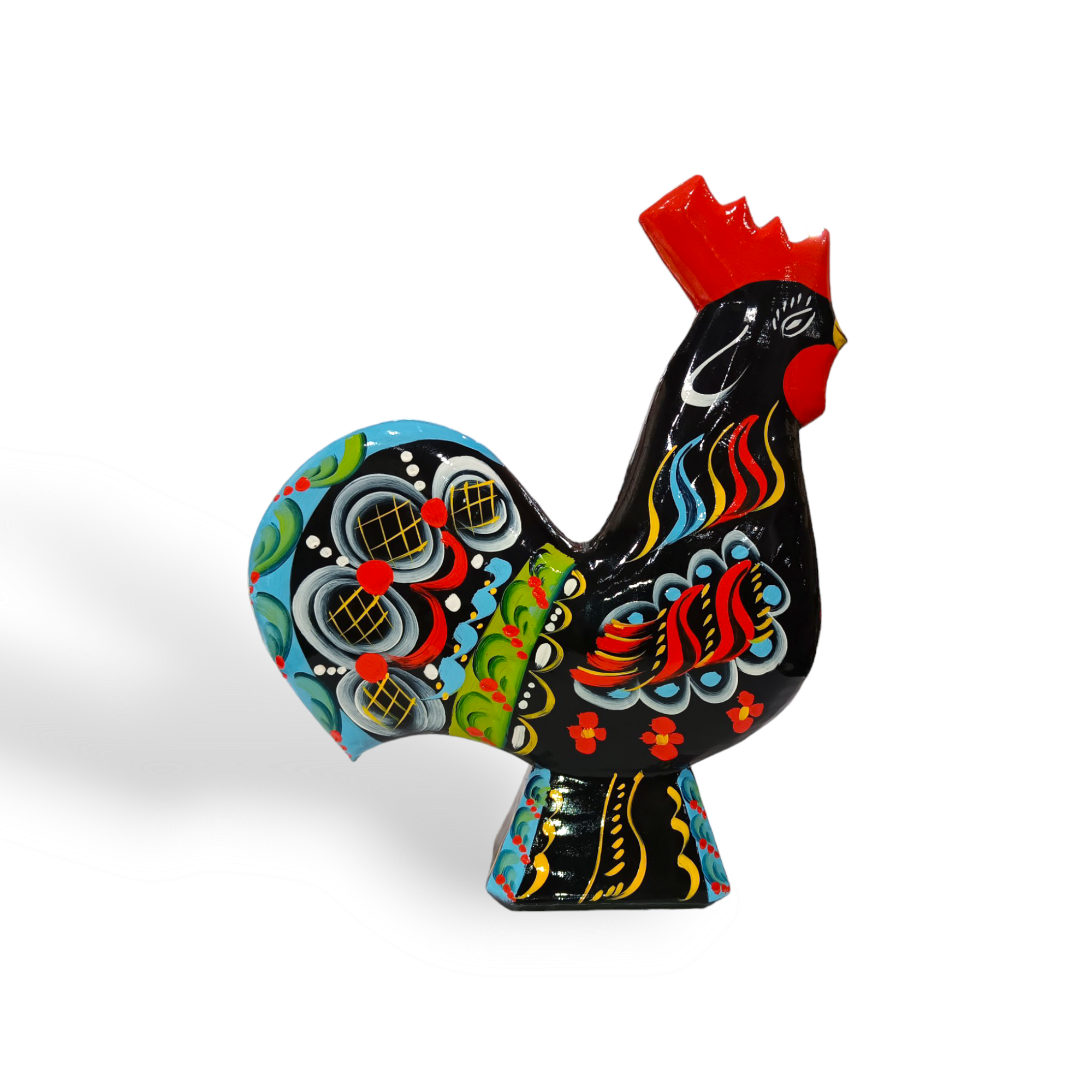 The Dala Rooster: Black figurine, adorned with intricate painted patterns in vibrant hues of red, blue, green, and yellow, beautifully captures the essence of Swedish traditional handcraft.