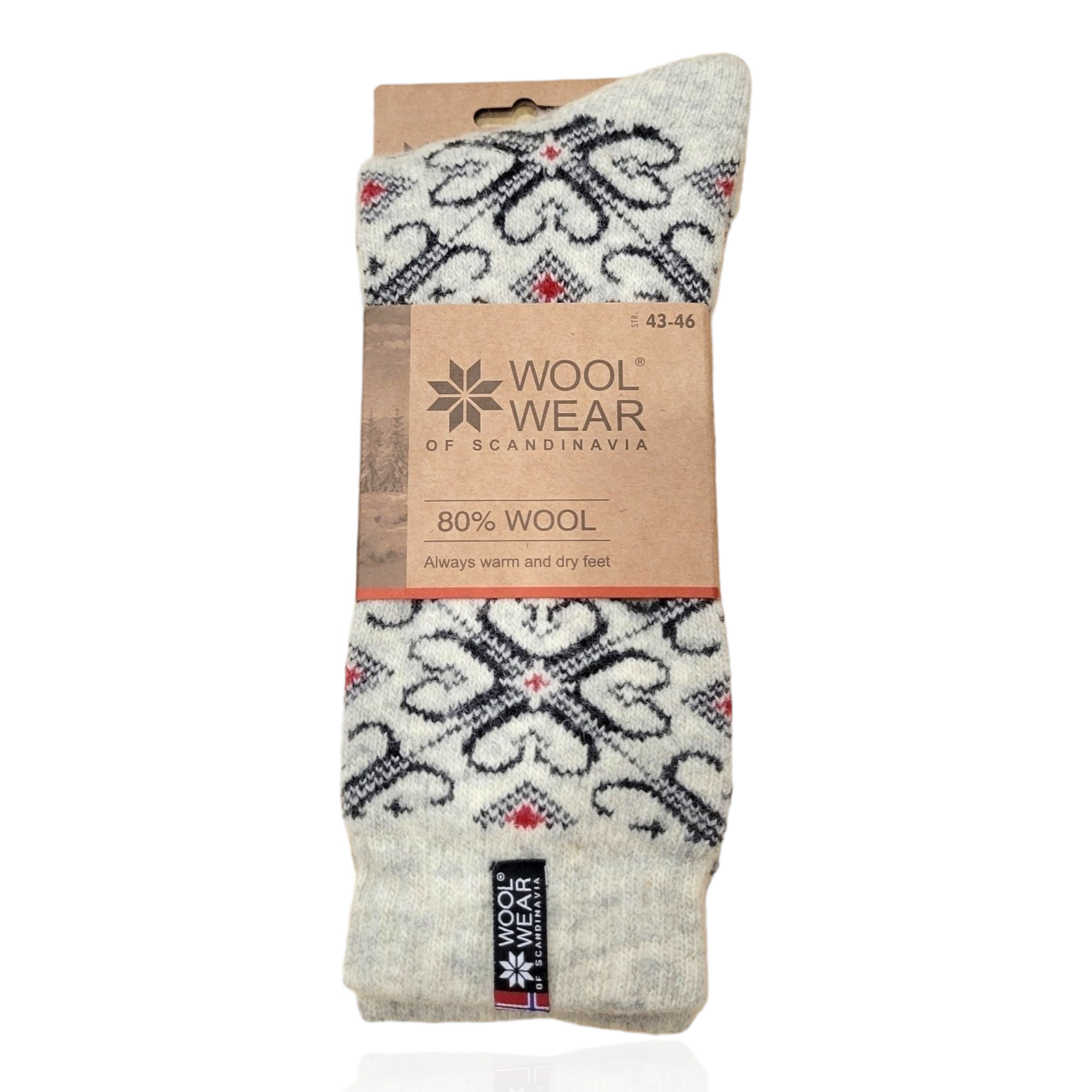 A cozy addition to your wardrobe, these Wool Wear Scandinavian socks feature a Nordic pattern and are crafted with 80% Norwegian wool for natural warmth. The label guarantees Always warm and dry feet. Made in the EU, they showcase a white/charcoal/red Norwegian flag design.