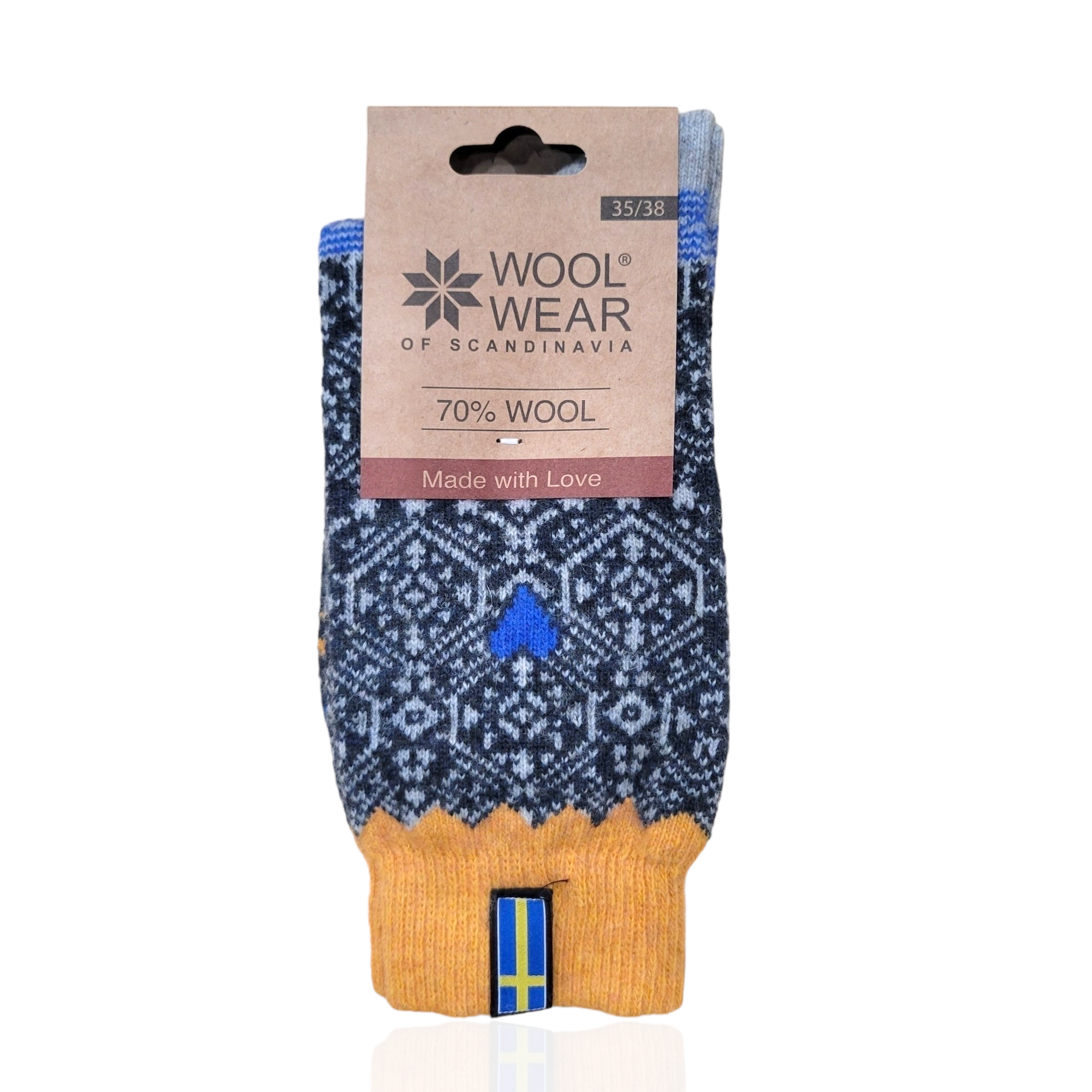 These socks, known as "Socks: Wool Wear - Love Sweden," exhibit a Scandinavian pattern styled after the Swedish Flag with prominent blue and gold colors. They include a label from Wool Wear of Scandinavia, highlighting their composition of 70% wool and noting that they are "Made with Love.