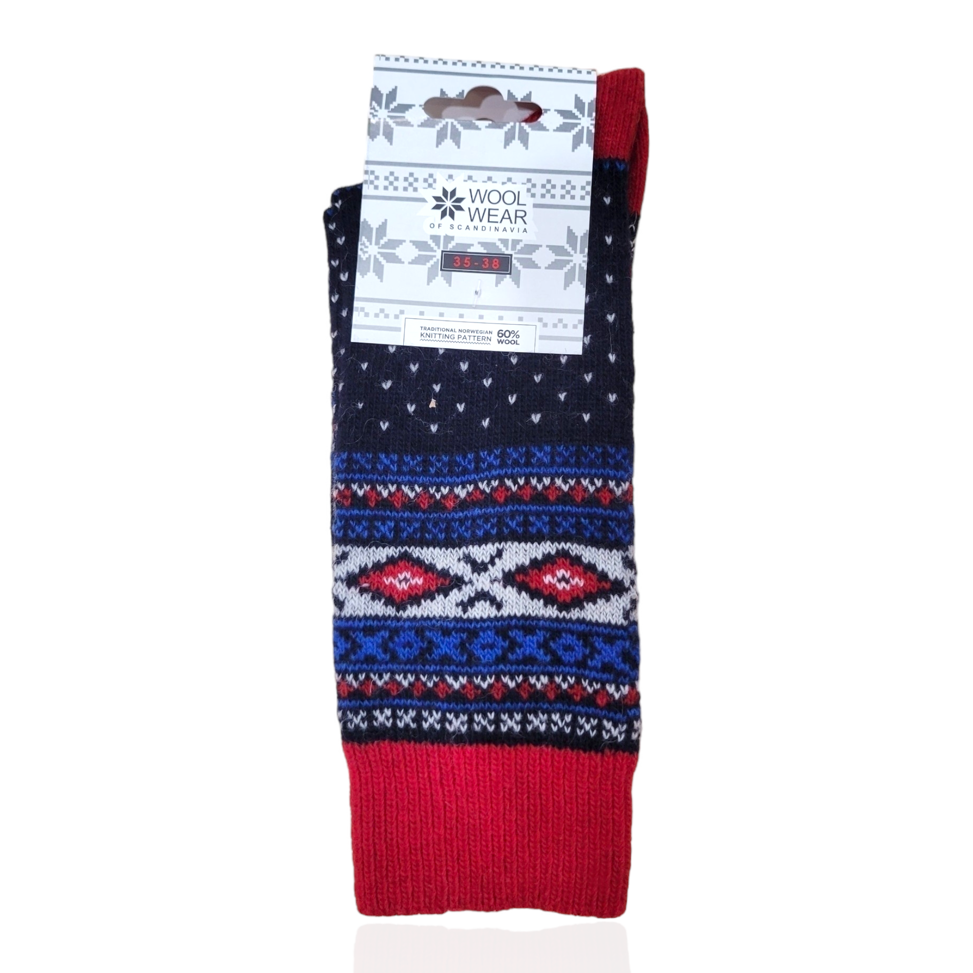 A pair of Wool Wear Scandi Knit Navy/Red socks, made with 60% wool and featuring a Norwegian pattern in red, blue, white, and black, comes with a branded cardboard label.