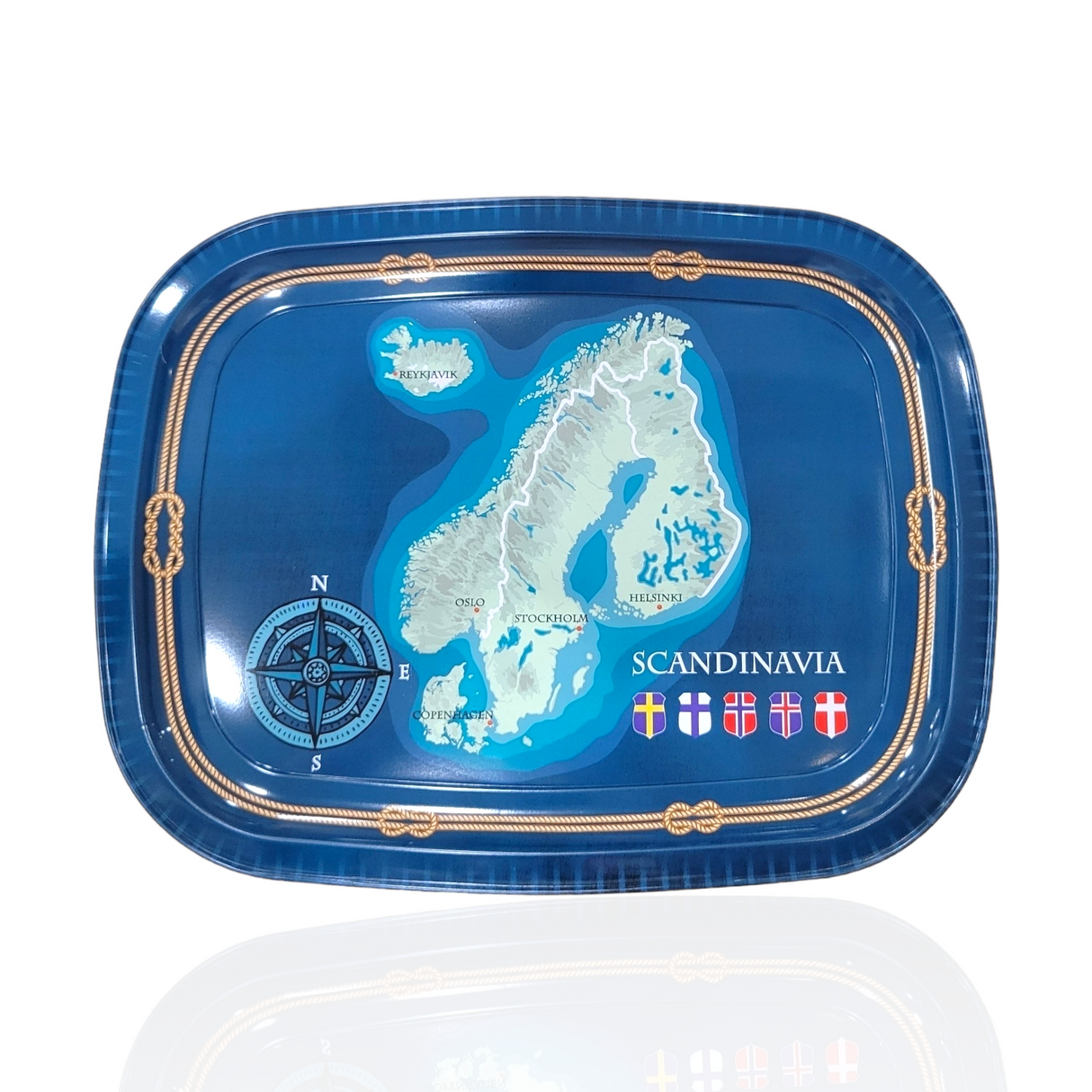 The Tray: Blue Map of Scandinavia Metal Tray 10x12 showcases a map with Norway, Sweden, and Denmark. It features a compass rose and Scandinavian flags, making it a striking centerpiece for any gathering.