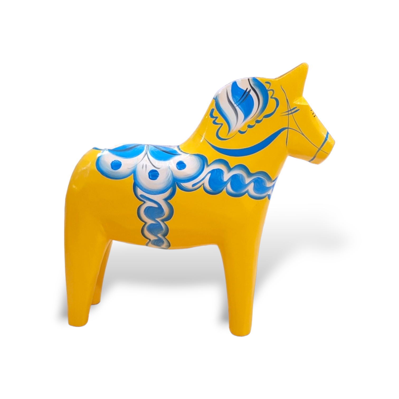 The Dala Horse: Yellow Swedish Dala Horse with Blue Kurbits - Swedish Flag Series is a handcrafted figurine featuring blue and white designs, displayed on a white background.