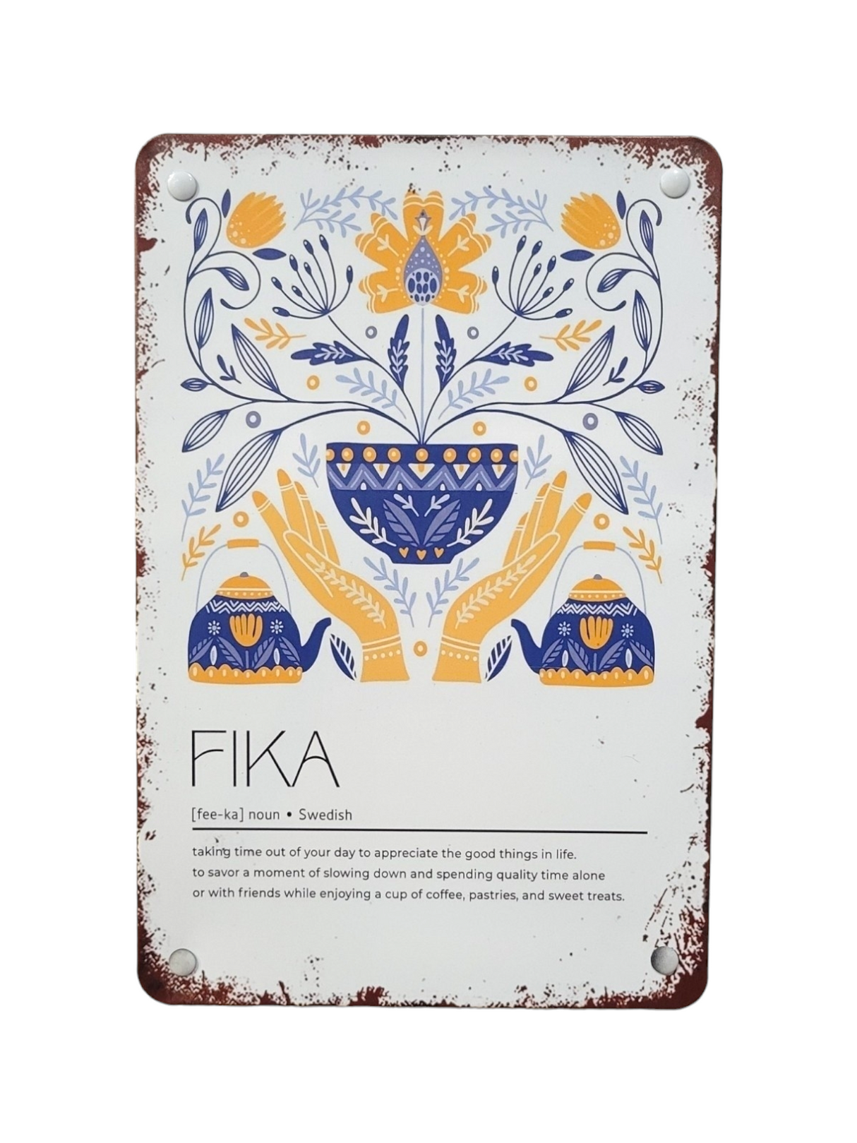 The Sign: Fika Metal Sign with the Definition of Swedish FIKA (8x12 inch) features blue and yellow Nordic-style art and a definition celebrating coffee, pastries, and lifes moments—perfect as charming coffee decor for any space.