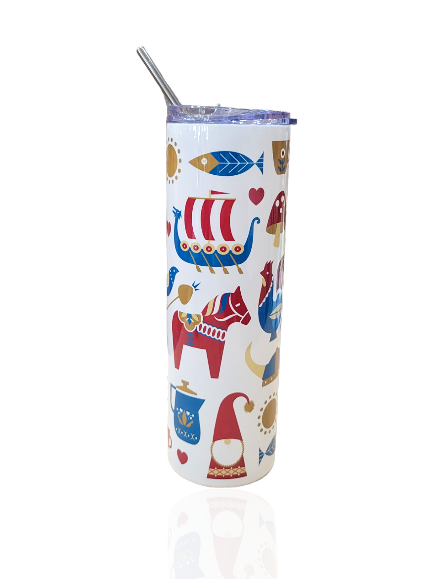 The Tumbler: Nordic Love 30oz with Straw features Cindy Lindgren's Scandinavian-inspired designs—a Viking ship, horse, gnome, and hearts. This insulated white tumbler keeps drinks perfectly hot or cold. Includes a metal straw.