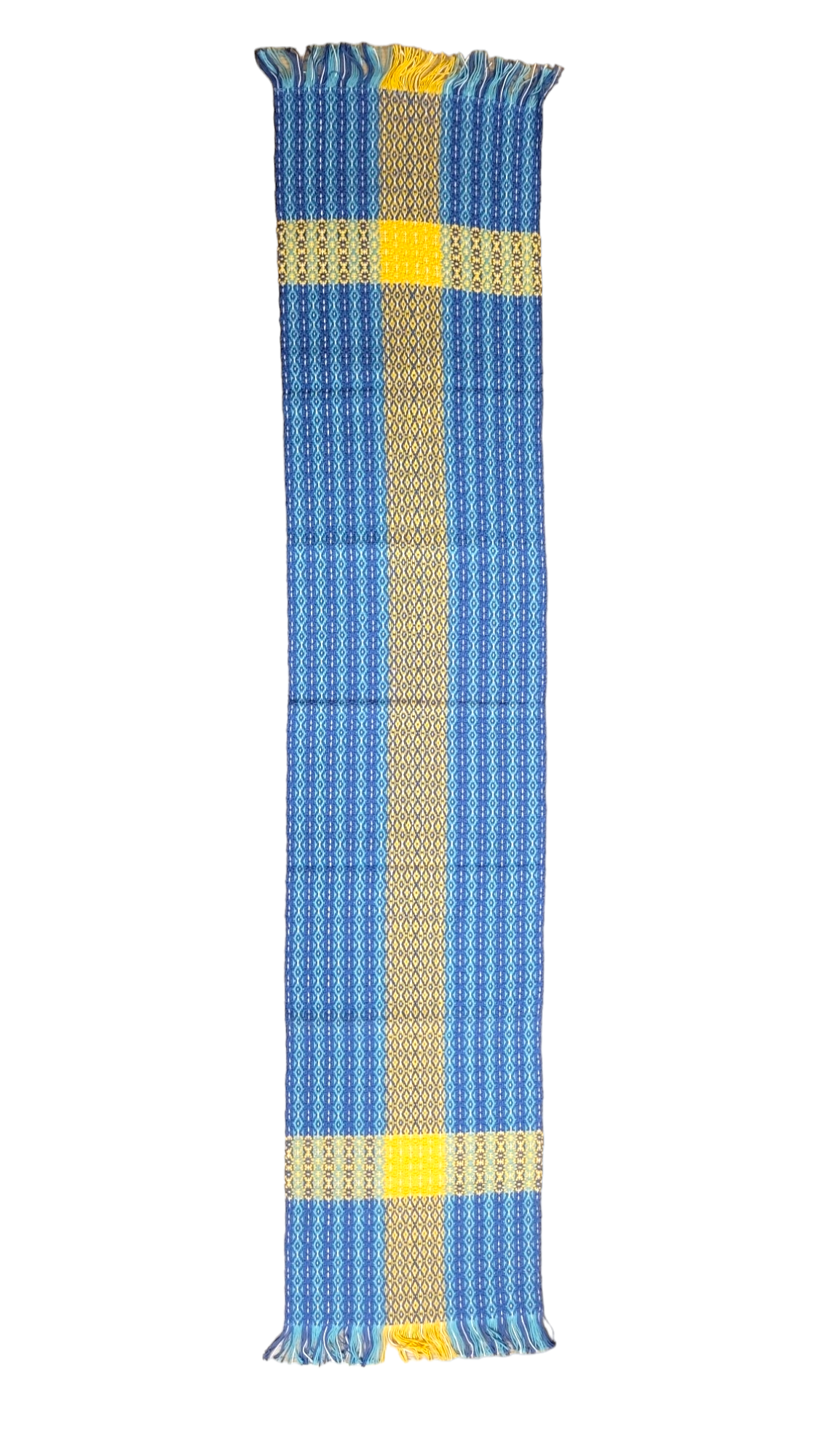 Handwoven on an antique loom, the 65 Swedish Flag Runner is made from 100% cotton with blue, yellow, and white checkered and striped patterns and charming fringed edges.