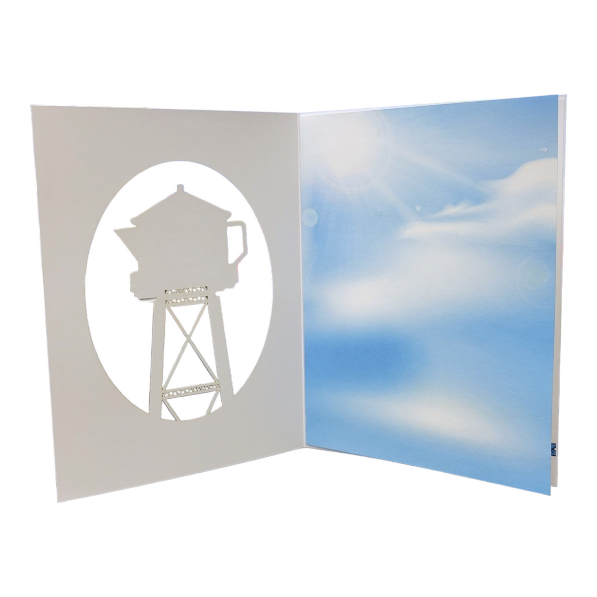 The "Valkommen to Lindstrom" card features a cut-out silhouette of the iconic Lindstrom Water Tower—America’s Little Sweden landmark—on the left, with sky, clouds, and sunlight on the right.
