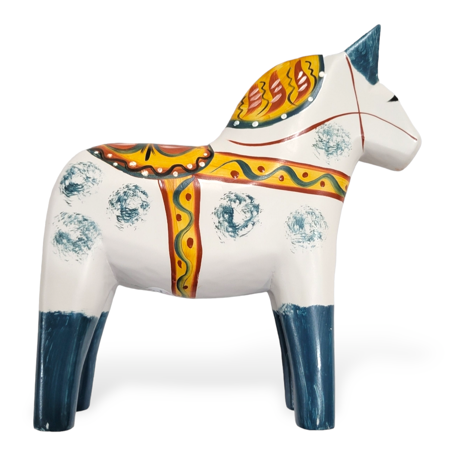 A hand-carved Dala horse figurine from Sweden, featuring a white body with decorative patterns and available in versions with either green or blue feet and ears.