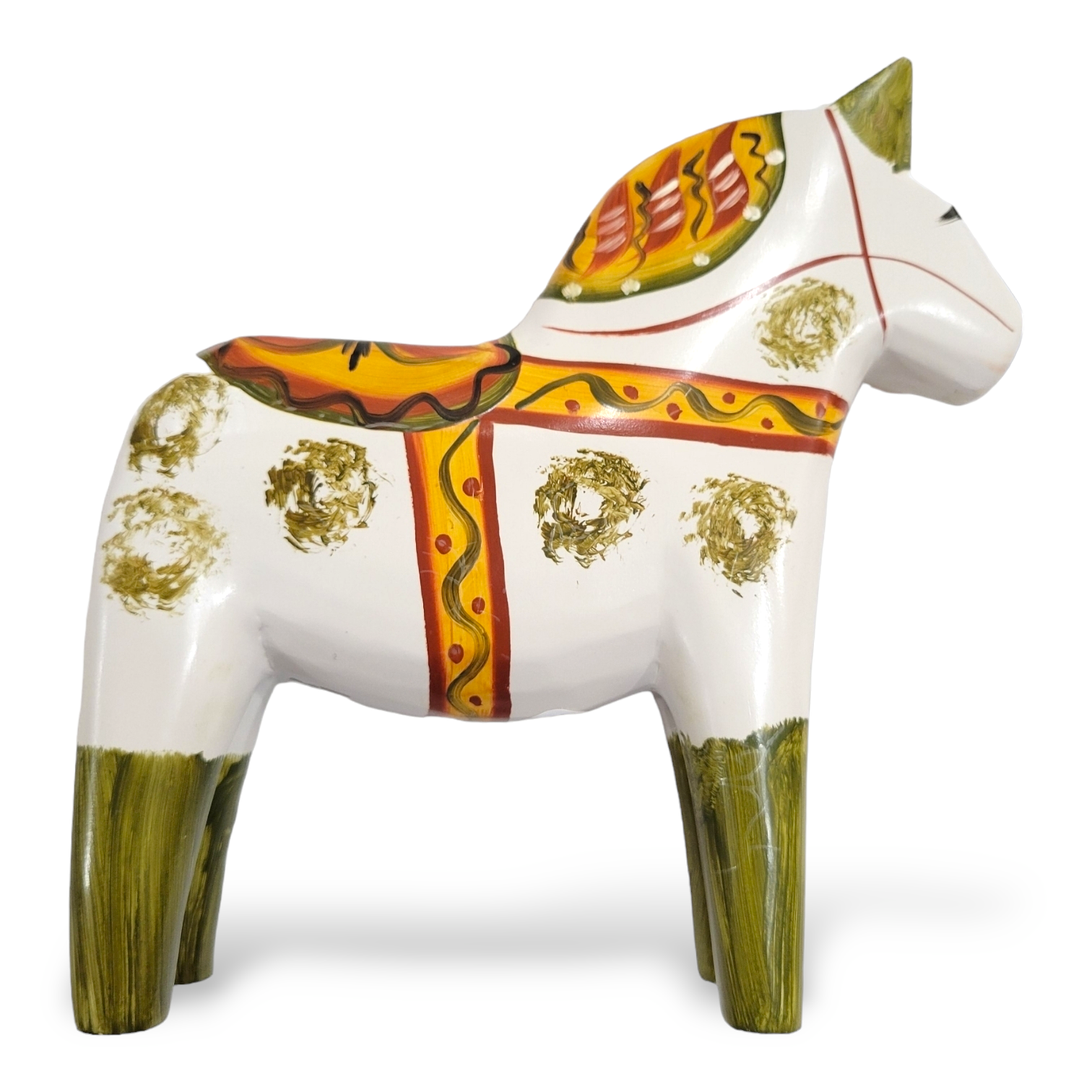 The Dala Horse figurine, named Antique Inspired Swedish Dala Horse: White with Green or Blue Feet & Ears, showcases traditional Swedish design with colorful painted patterns.