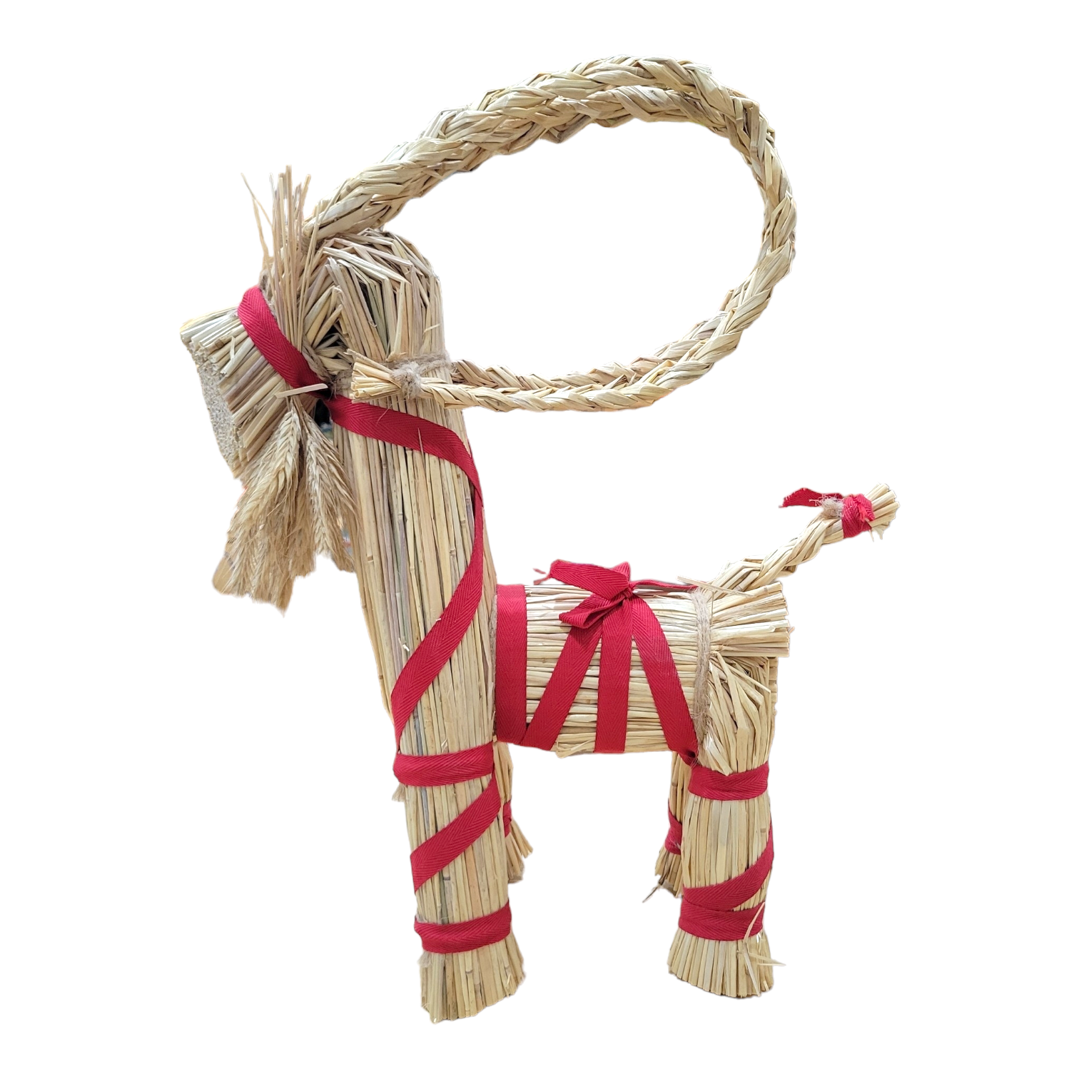 The Decor: Straw Goat Julbok 10 with beard is a traditional Scandinavian Christmas ornament, standing on four legs with red ribbons, photographed against a white background.
