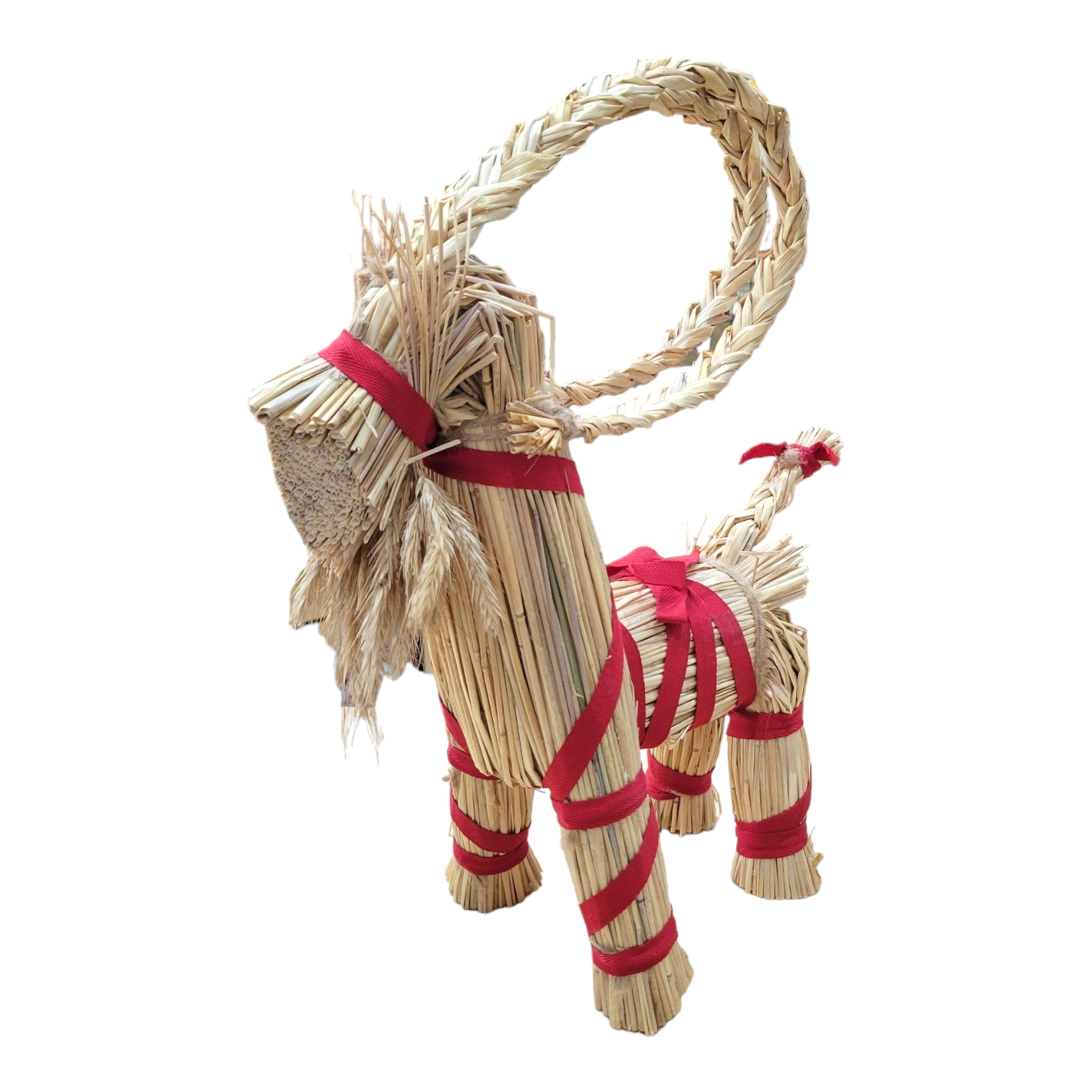 The Decor: Straw Goat Julbok 10 with beard is a handcrafted Scandinavian Christmas ornament with red ribbon accents, made from woven straw and shown on a white background.