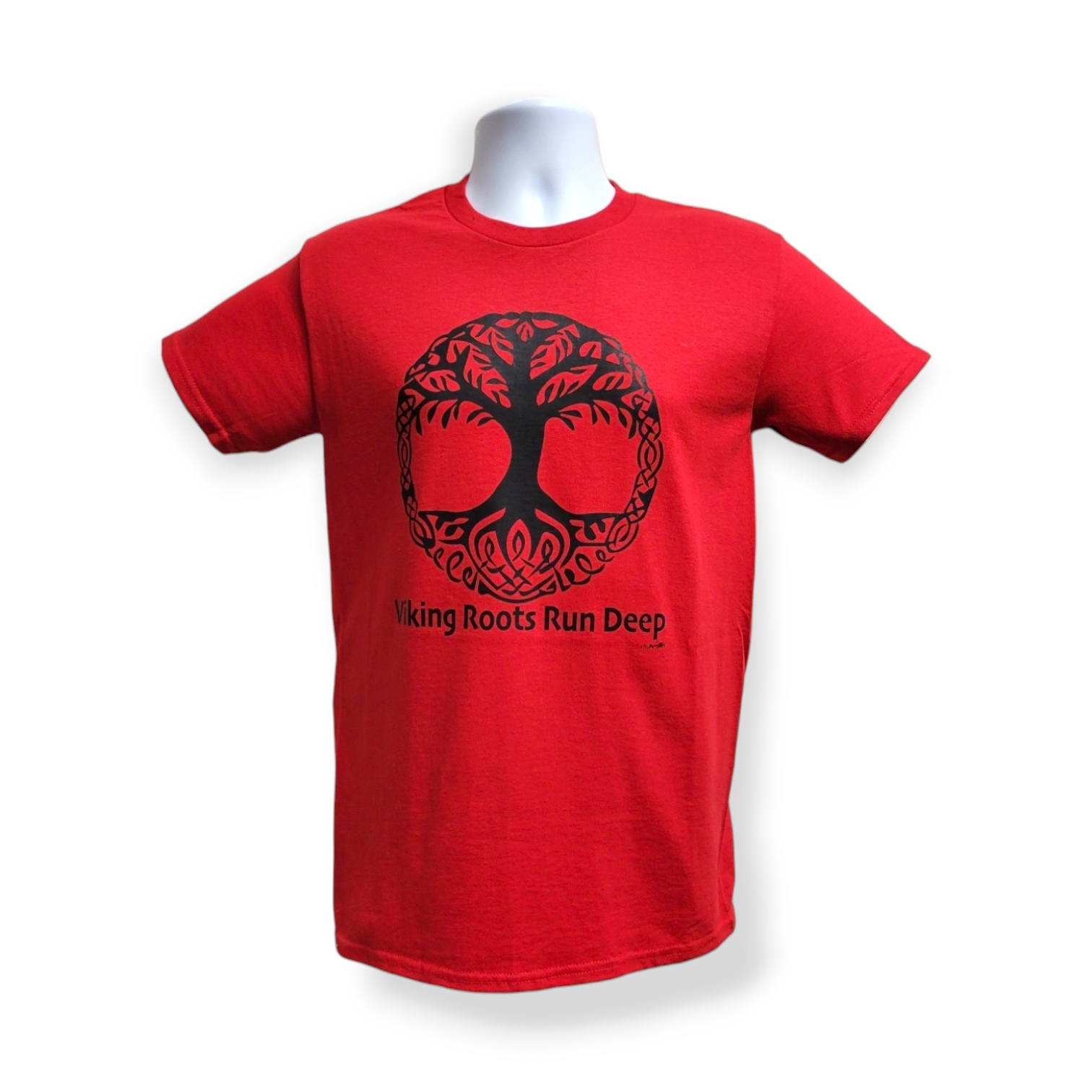 Displayed on a mannequin torso is the Viking Roots Run Deep red tee, showcasing a striking black Tree of Life design with bold text.