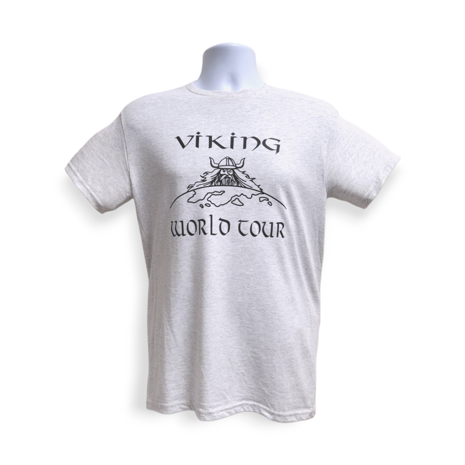 This gray Gildan Heavy Cotton t-shirt, named "Viking World Tour," prominently displays the iconic text and features a detailed drawing of a Viking helmet with axes.