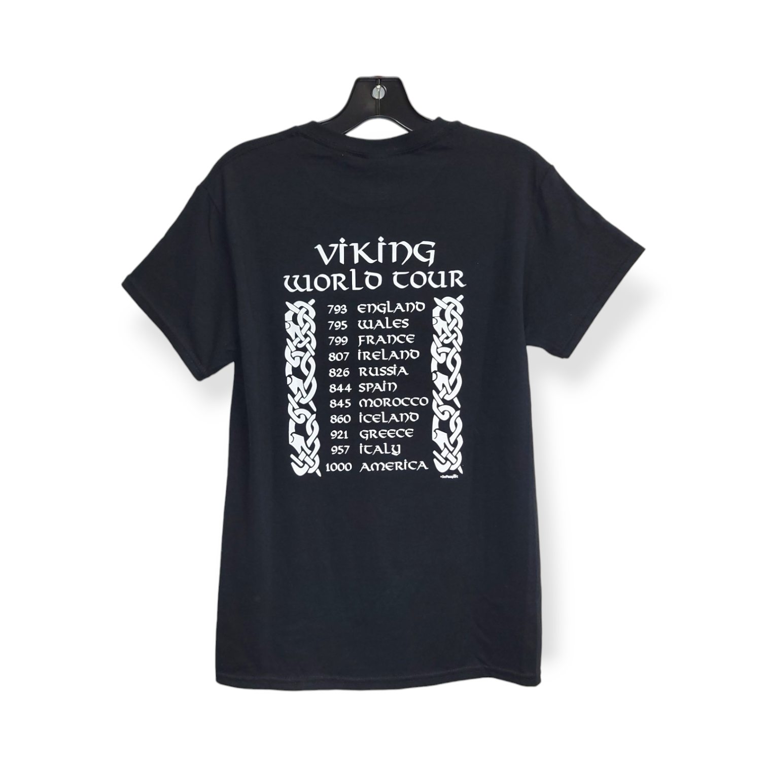 This black tee, made from 100% Gildan Heavy Cotton, showcases the bold "Viking World Tour" design on the front and a list of years and countries in striking white text on the back.