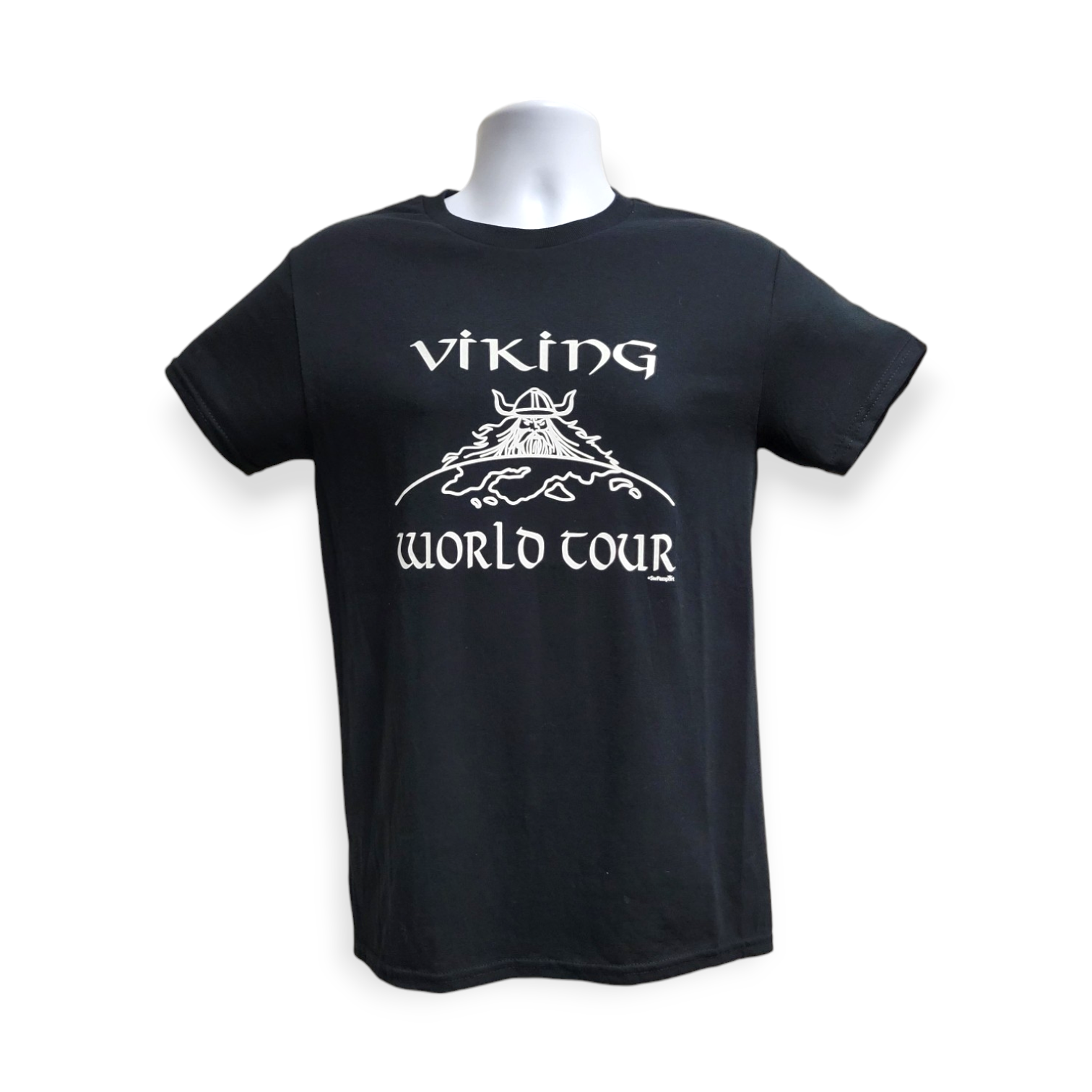 Gildan Heavy Cotton T-shirt in black with the "Viking World Tour" text and a Viking helmet graphic on the front.