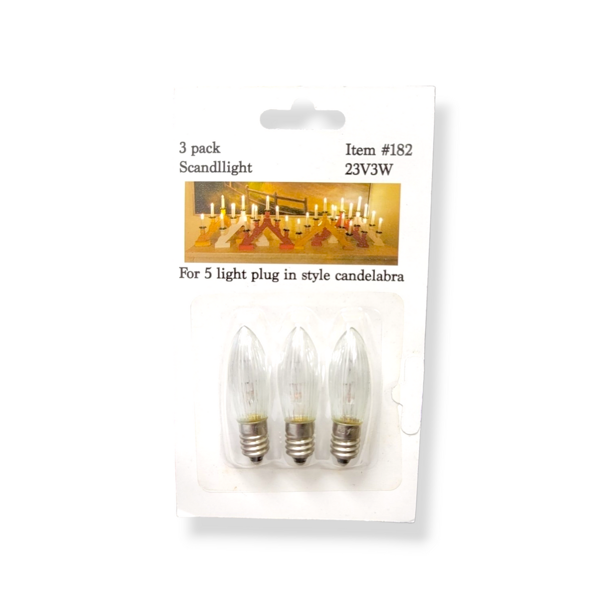 Item #182: Light Bulbs 3-Pack for 5-light plug-in candelabras, each bulb is clear, 23V, and 3W.