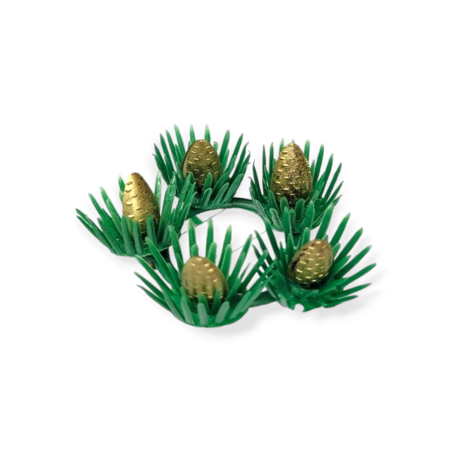 A Scandilight Pinecone Candle Ring adorned with five gold pinecones, ideal for a seven-piece candelabra or as part of elegant decor.