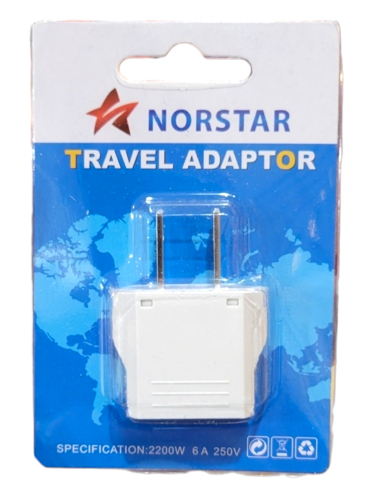 Candelabra: Travel Adapter Plug in packaging, featuring a North American two-prong plug adapter. It is suitable for 2200W, 6A, 250V specifications and is presented on a blue background decorated with a world map design.