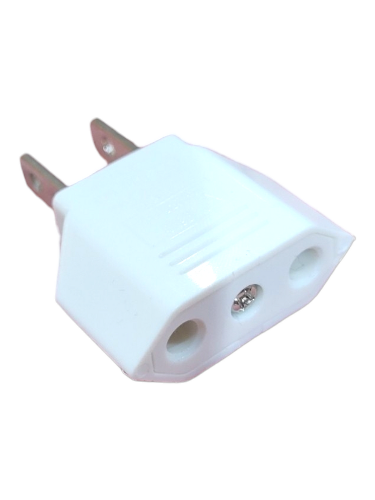 The Candelabra: Travel Adapter Plug is a white North American adapter with two holes and metal prongs, making it ideal for travel.
