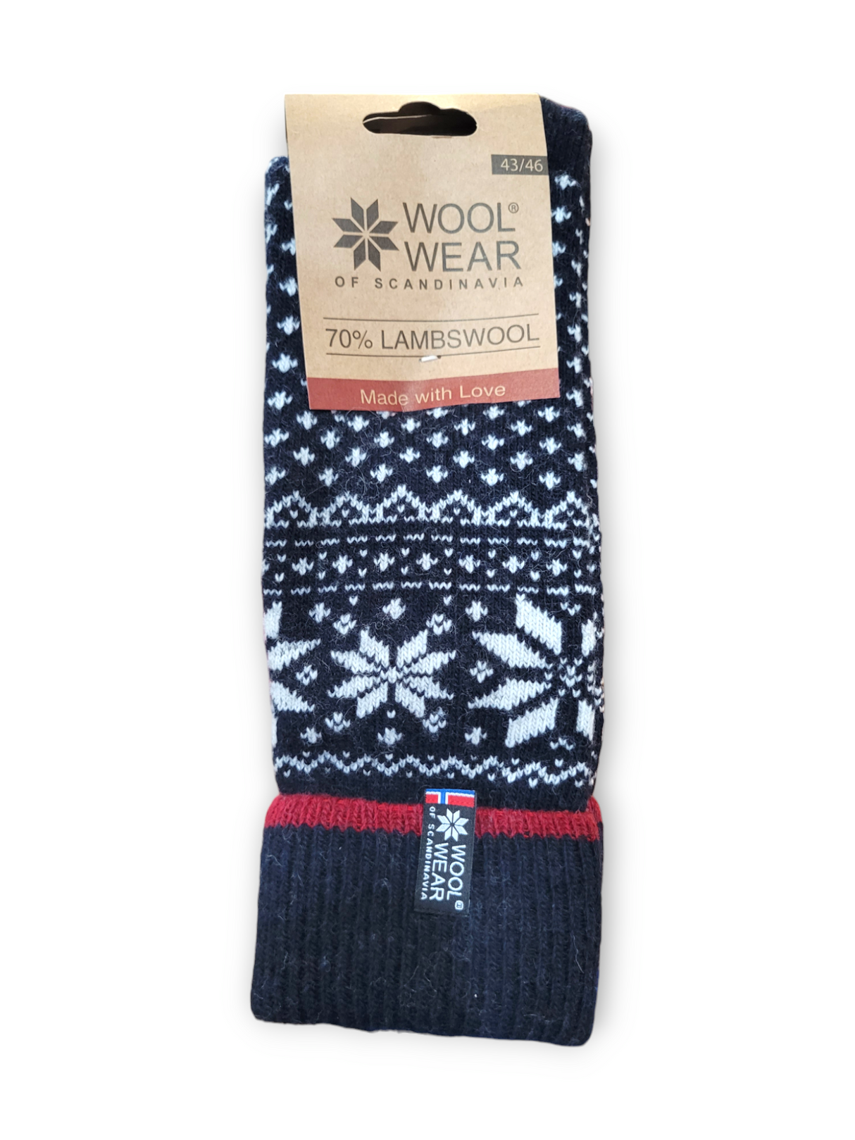 A pair of navy wool socks named Wool Wear Selbu Star, made from a 70% lambswool blend, featuring a Norwegian flag design.