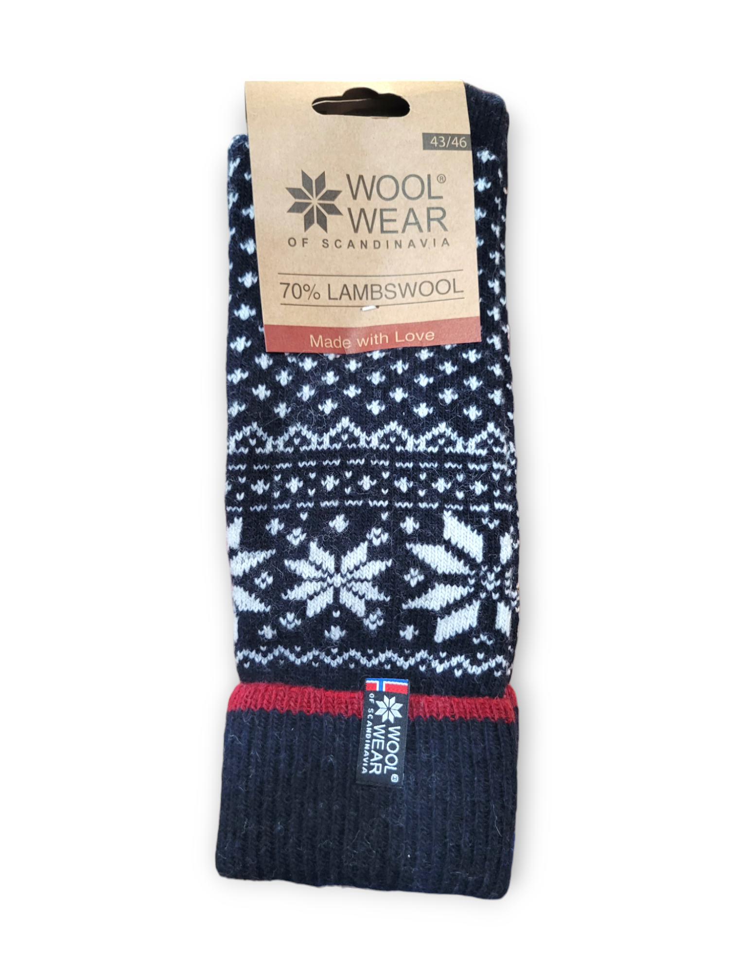 A pair of navy wool socks named Wool Wear Selbu Star, made from a 70% lambswool blend, featuring a Norwegian flag design.