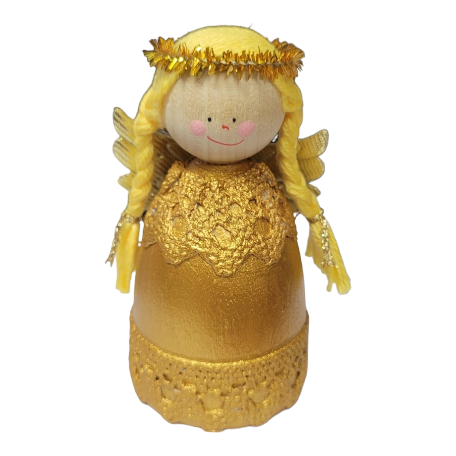 The "Angel with Braids, Gold" is a handcrafted wood figurine inspired by Swedish design, showcasing yellow hair, a gold tinsel halo, and a shimmering golden crochet dress.