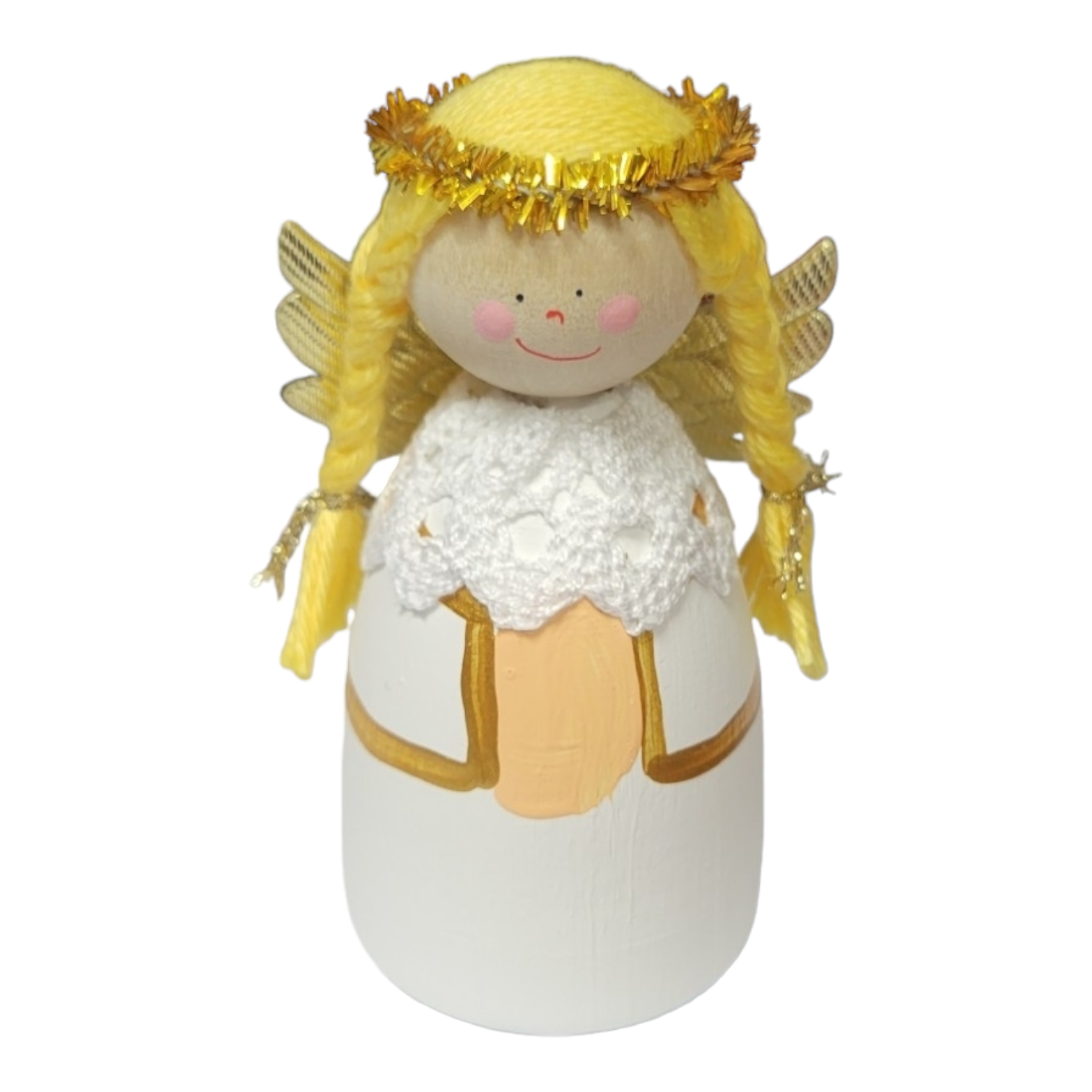 The "Angel with Braids, White" figurine is a handcrafted wooden piece featuring yellow hair, a golden halo and wings, and a white robe embellished with golden accents, reflecting traditional Swedish artistry.